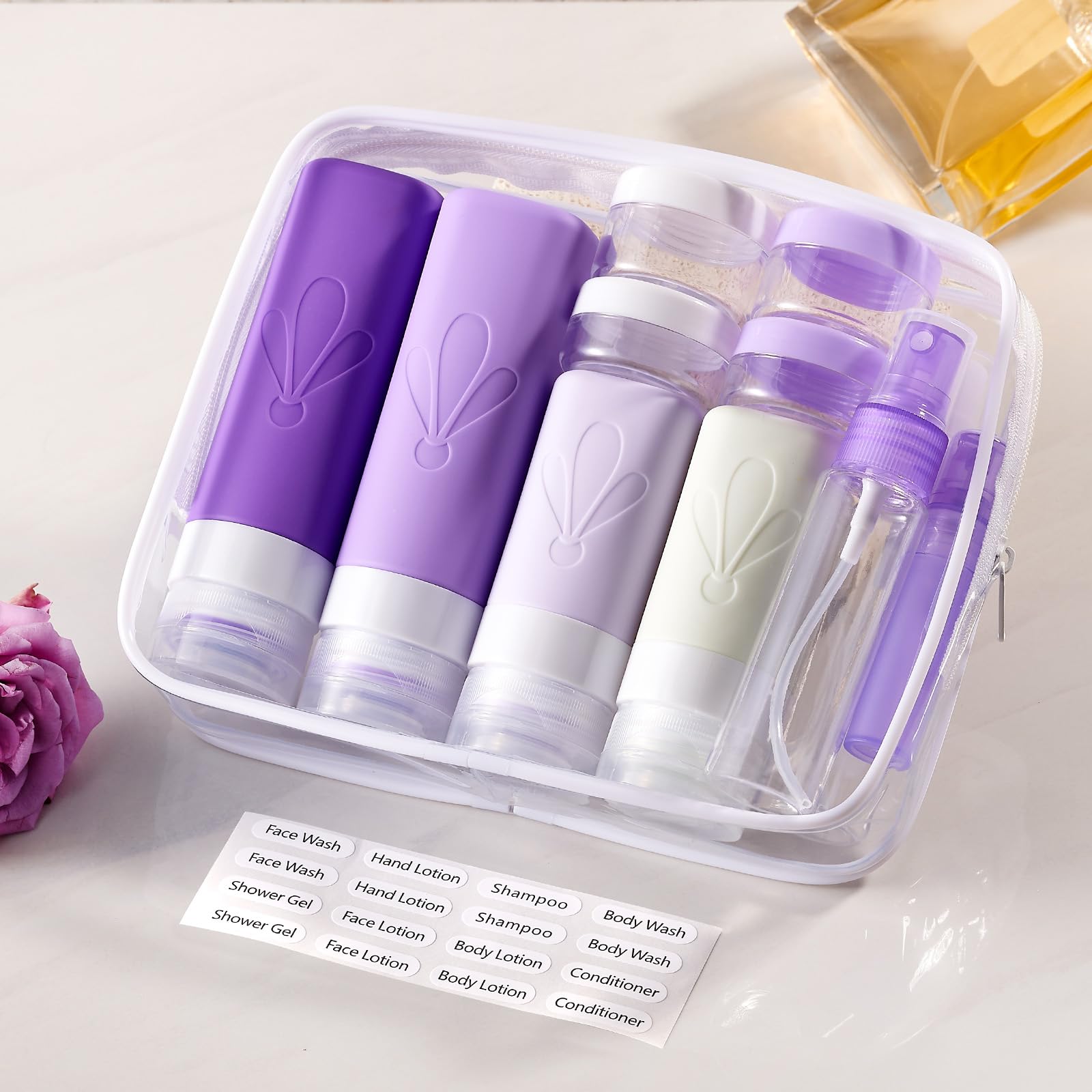INSFIT 17 Pack Travel Bottles for Toiletries, CAA Approved Travel Size Containers with Labels, BPA Free Leak Proof Squeezable Silicone Tubes for Shampoo Conditioner Lotion Body Wash