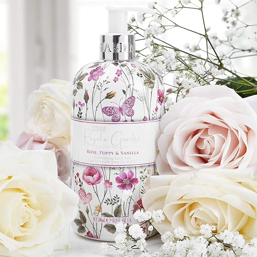 Baylis & Harding Liquid Hand Soap Wash with Dispenser, Royale Garden, Rose, Poppy & Vanilla, 16.9oz/500ml (6-Pack)