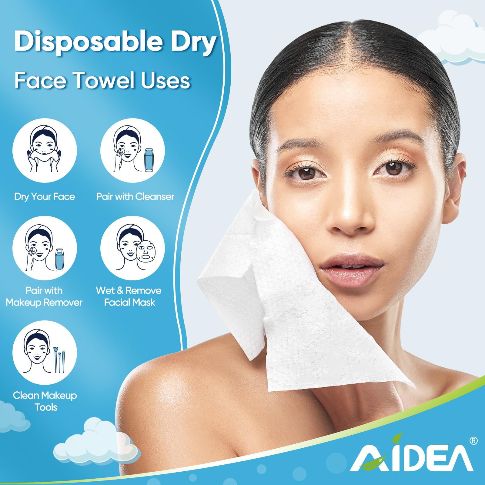 AIDEA Disposable Face Towels-600Ct, Dry Makeup Remover Wipes, Clean Facial Wipes for Sensitive Skin, Facial Cleansing Towels, Makeup Removing, Nursing, Travel, Surface Cleaning, Gifts