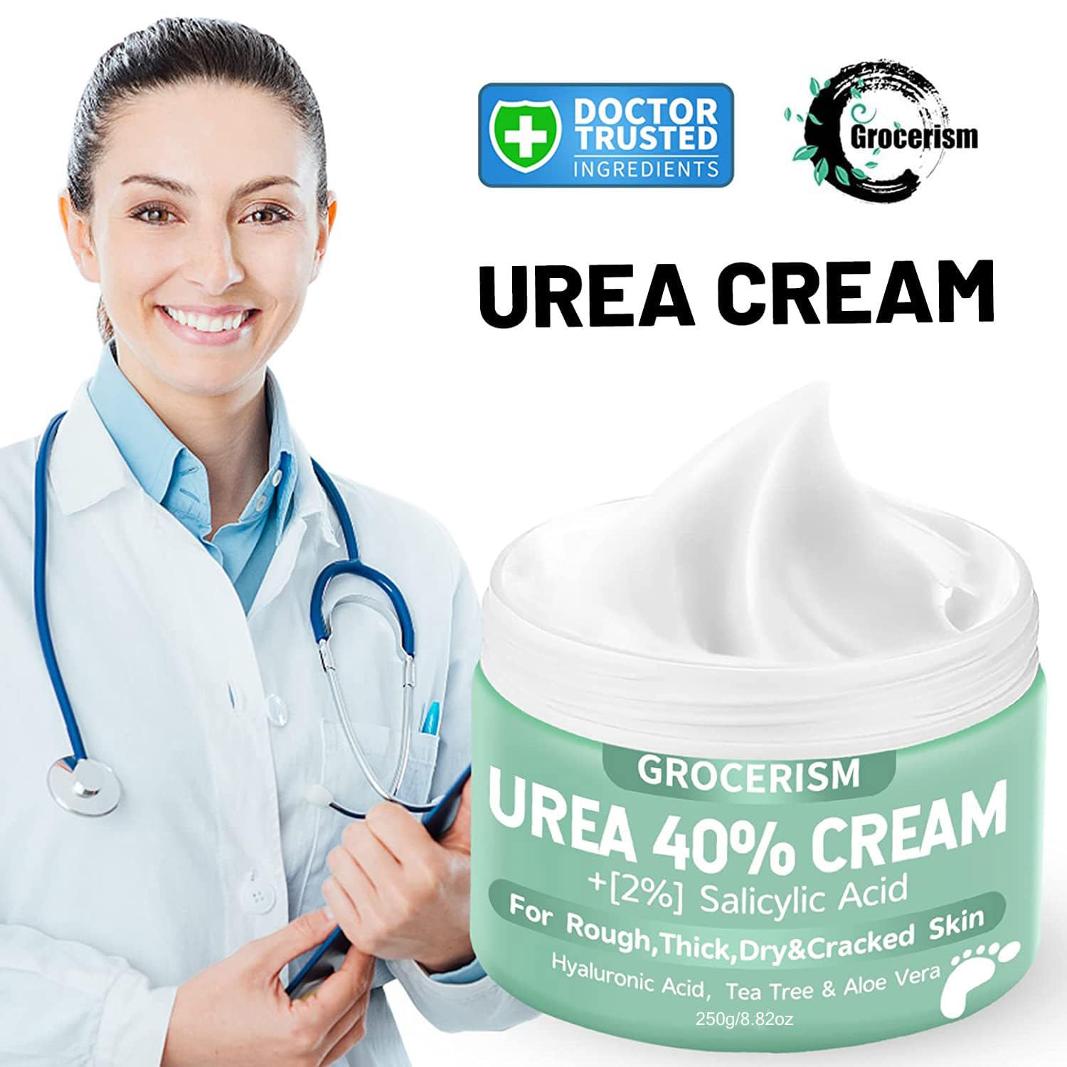 Urea Cream 40 Percent For Feet Plus 2% Salicylic Acid 250g || Foot Cream and Hand Cream Maximum Strength with Hyaluronic Acid, Tea Tree, and Aloe Vera for Deep Moisturizes