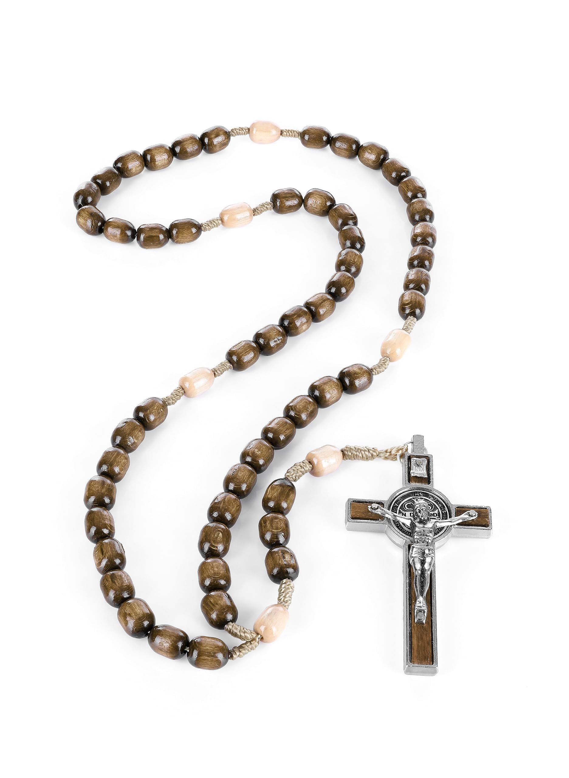 Genuine Made in Italy Rosary Necklace Blessed by Pope Francis Saint Benedict Medal Cross perfect for car mirror Rosarios catolicos para hombre Patron of Students Christian Values (Brown)