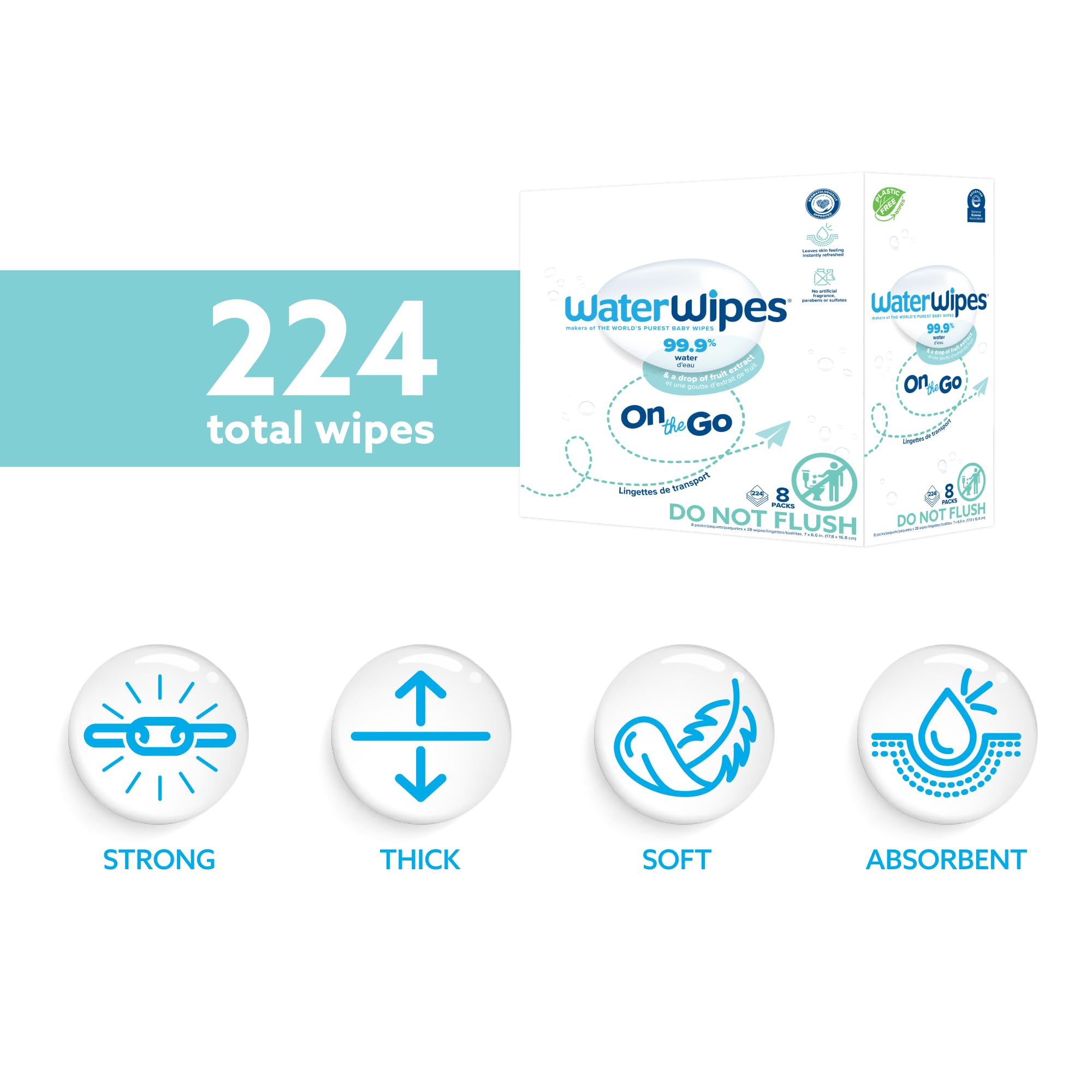WaterWipes On The Go Wipes, 224 Count (8 Packs), 99.9% Water-Based Wipes for Travel, Sports, and to Refresh Skin, Unscented, Packaging May Vary