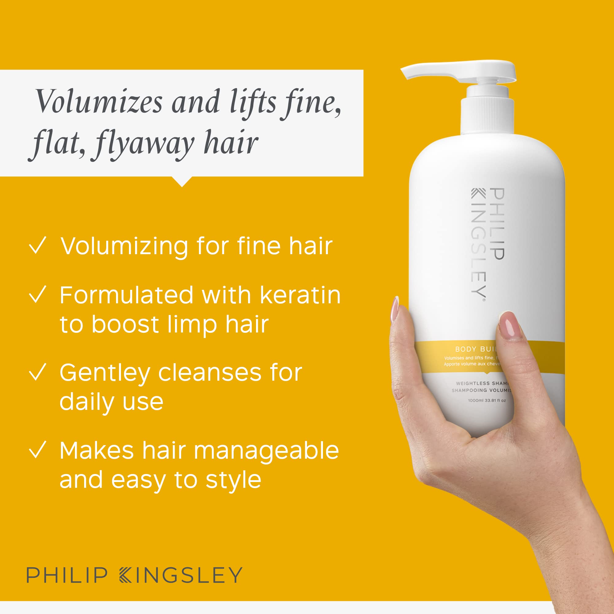Philip Kingsley | Body Building Weightless Shampoo | Volumising Shampoo for Fine, Limp, Flat, Flyaway Hair | Hydrates, Thickens, Lifts and Adds Volume and Shine | 1000ml