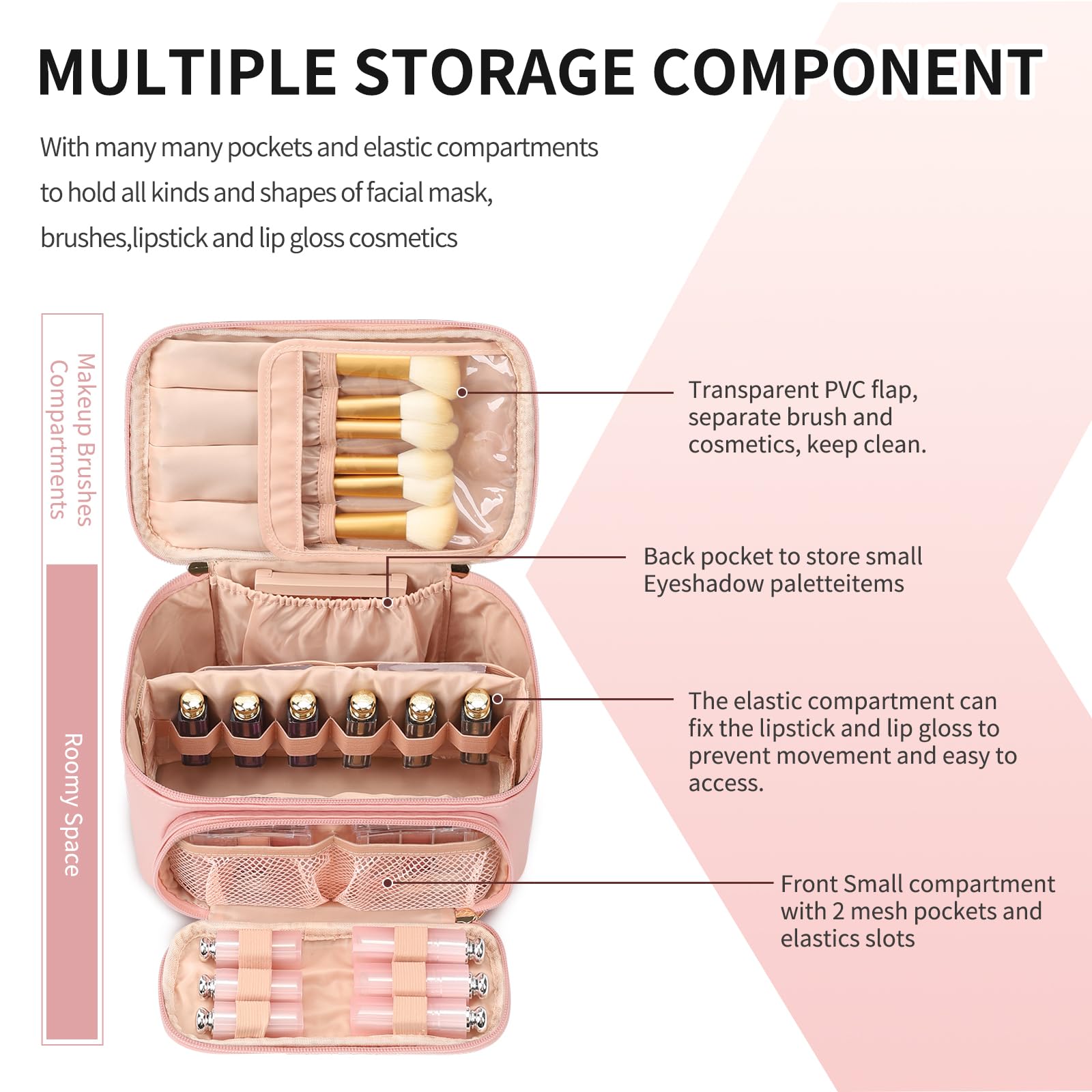 Travel Makeup Bag, Portable Cosmetic Bag with Makeup Brush Organiser Large Capacity Make up Case Water-Resistant Toiletry Bag for Women Travel Essentials, Large Pink