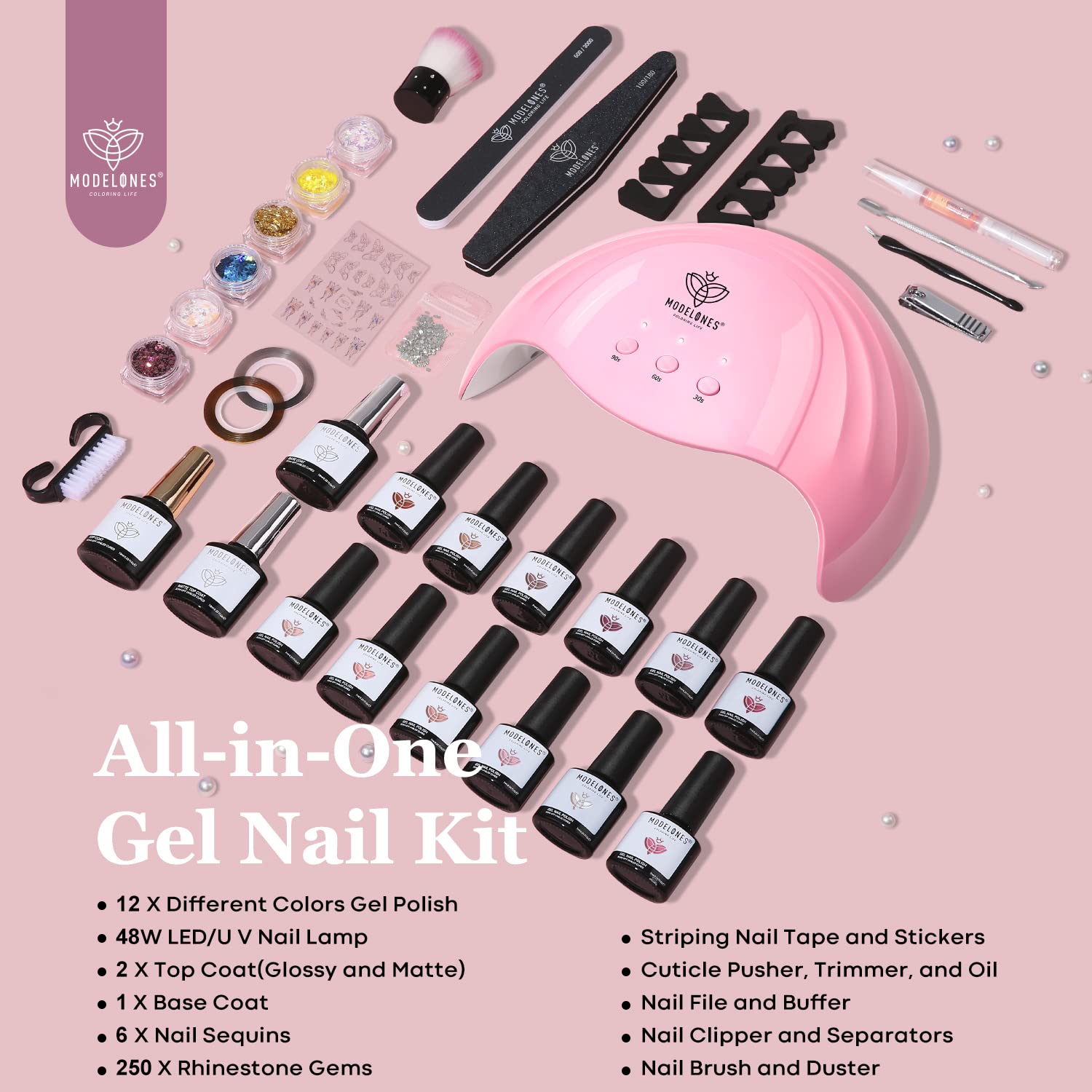 Modelones Gel Nail Kit with 48W Lamp - 12 Colors Pink Gel Nail Polish Set with Lamp Starter Kit, UV LED Nail Lamp, Glossy & Matte Top and Base Coat, Manicure Tools for Beginner DIY at Home