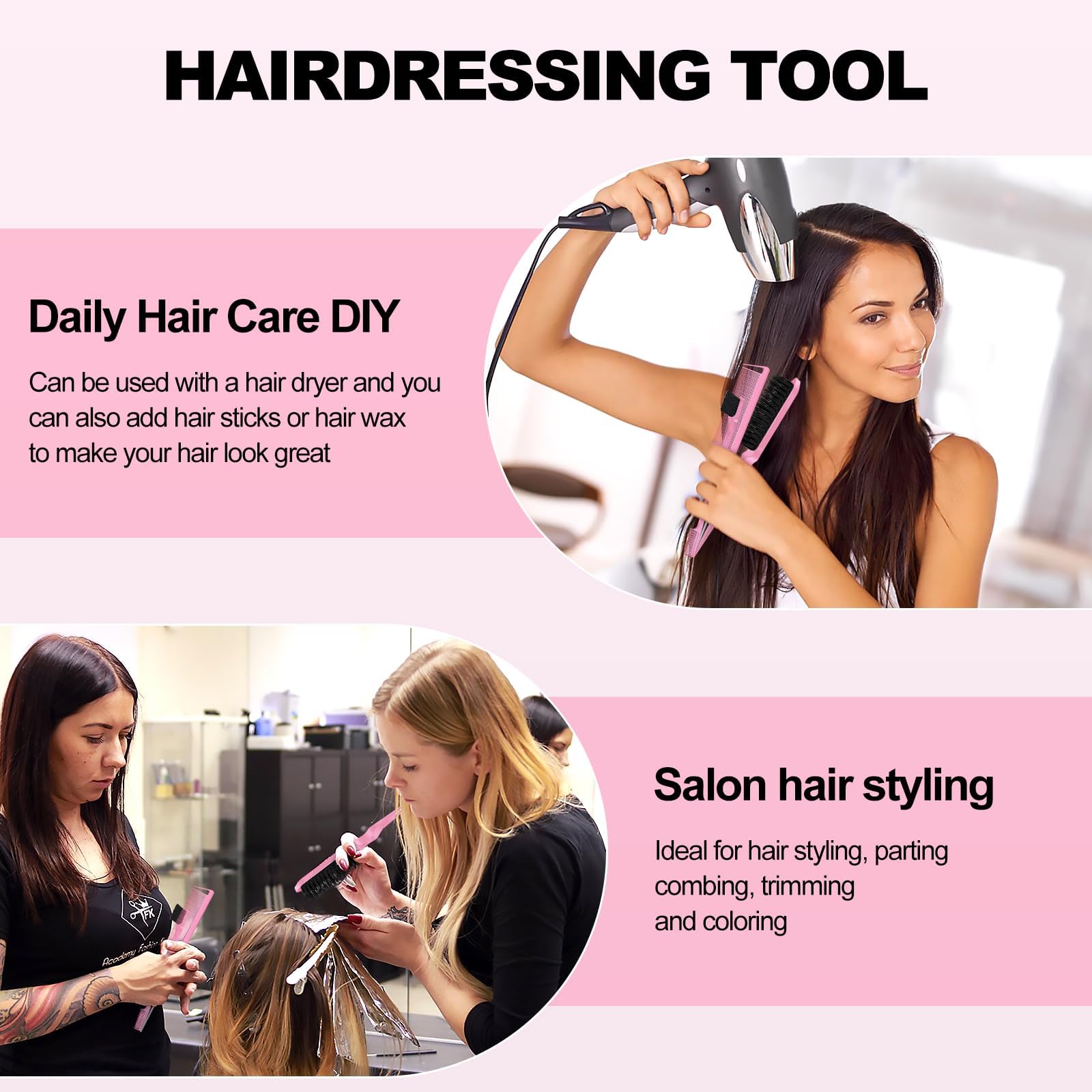 Soodyoow Hair Brush Set with Rat Tail Comb, Double Sided Edges Brush, Bristle Hair Brush for Women Baby Children, Pink