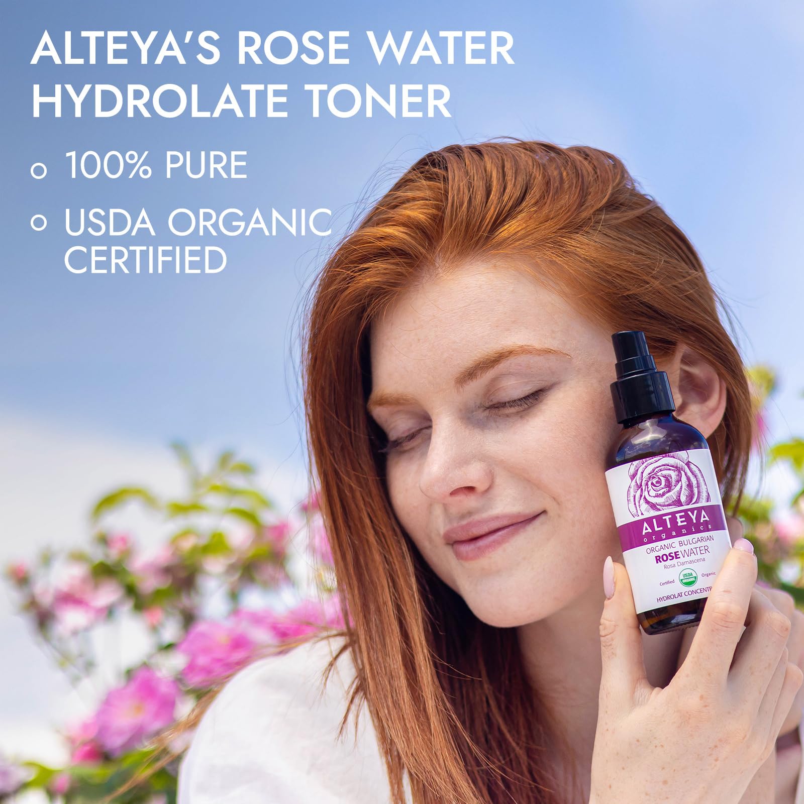 Alteya Organic Rose Water Spray 240 ml Glass- 100% Pure Organic Rosa Damascena (Damask Rose) Hydrolat - No additives - USDA Certified Organic - Face Toner, Revitalizing Body, Condition Hair & Scalp