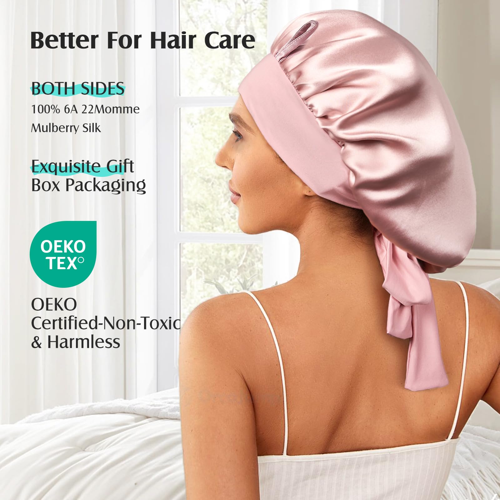 Umisleep 100% 22 Momme Mulberry Silk Bonnet for Sleeping Women, Larger Double Layer Silk Hair Wrap for Curly Short Long Hair, Non-Slip Sleep Cap Turban with Elastic Tie Band for Hair Care, Pink