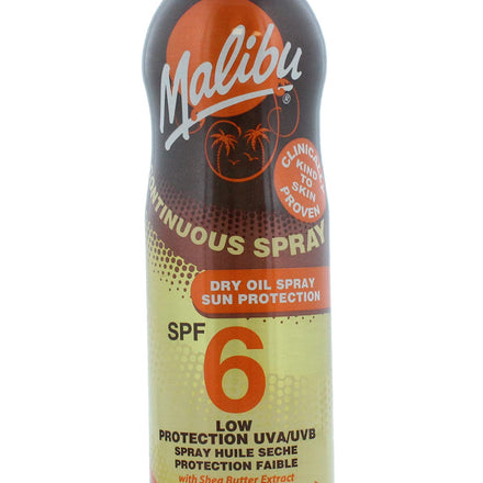 Malibu Sun SPF 6 Continuous Dry Oil Spray for Tanning with Shea Butter Extract, Low Protection, Water Resistant, 175ml