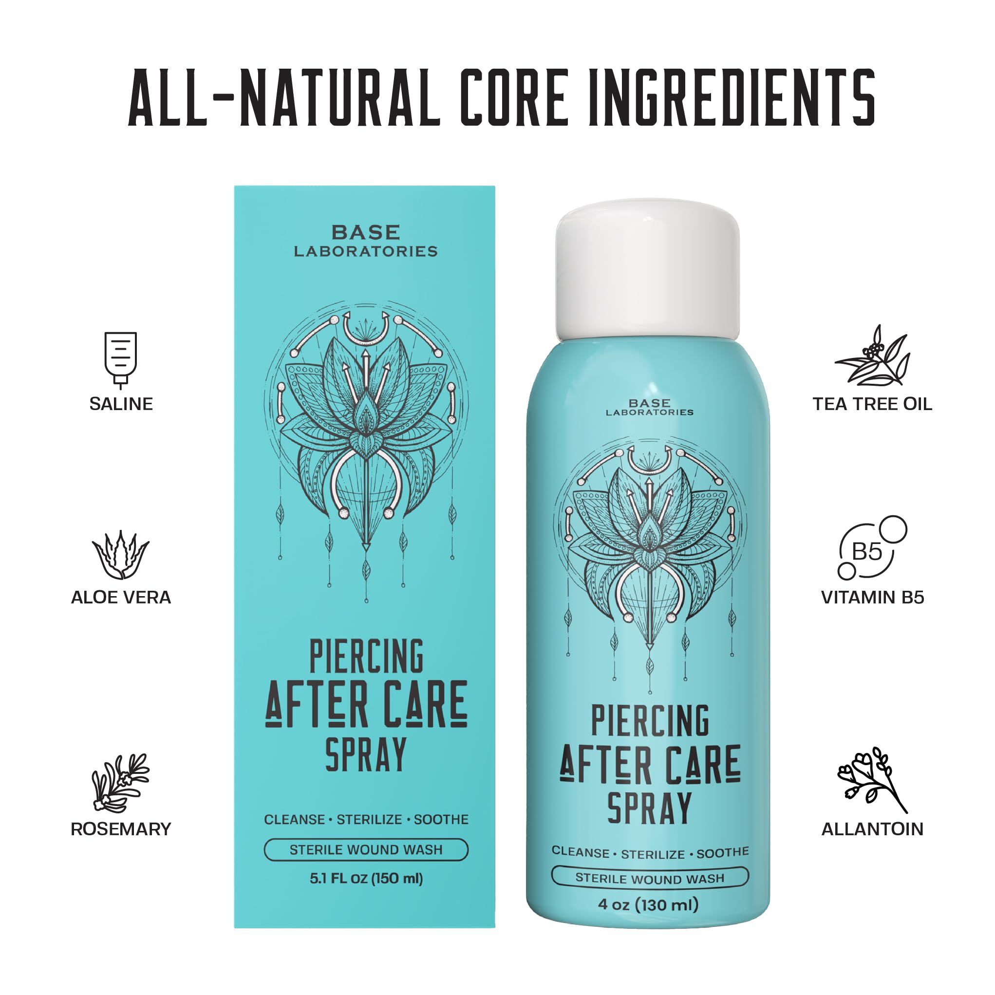 Base Labs Piercing Aftercare Spray Piercing Cleaning Solution | 240ml | Saline Solution Piercing | Cleanses & Soothes for Keloid Bumps on Ears & Nose - Saline Aftercare Spray - 2PK & 1PK (70CT)