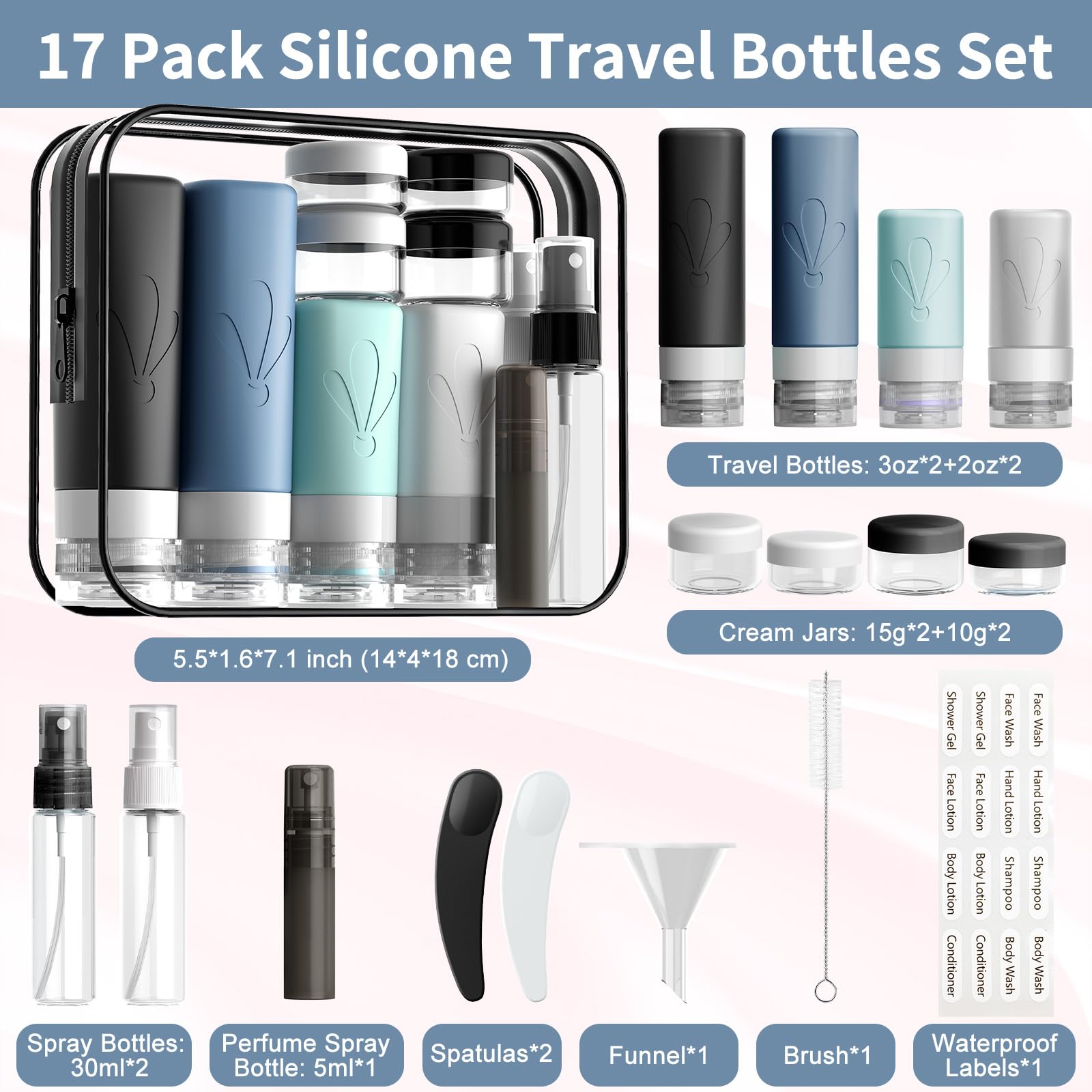INSFIT 17 Pack Travel Bottles for Toiletries, CAA Approved Travel Size Containers with Labels, BPA Free Leak Proof Squeezable Silicone Travel Toiletries for Shampoo Conditioner Lotion Body Wash