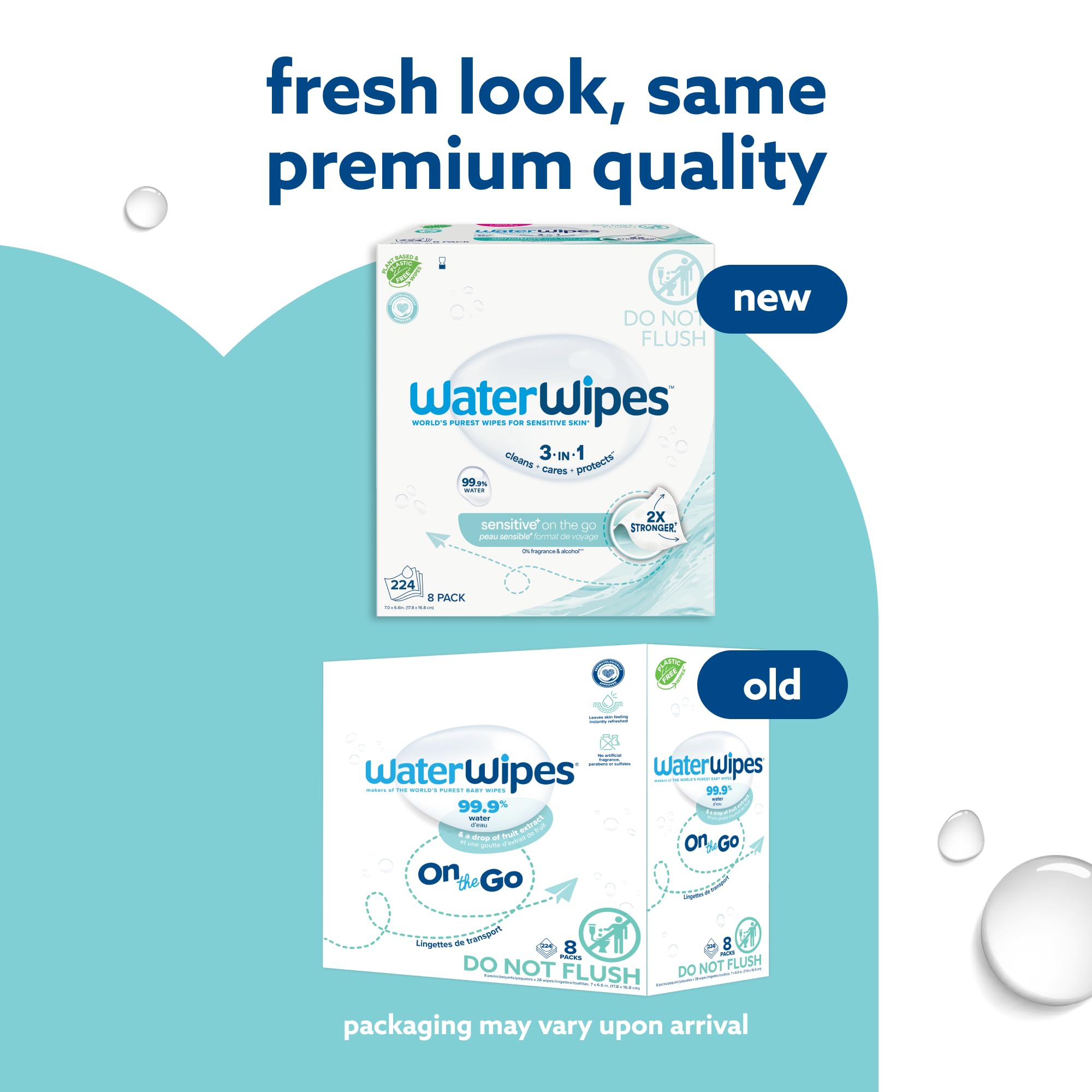 WaterWipes On The Go Wipes, 224 Count (8 Packs), 99.9% Water-Based Wipes for Travel, Sports, and to Refresh Skin, Unscented, Packaging May Vary