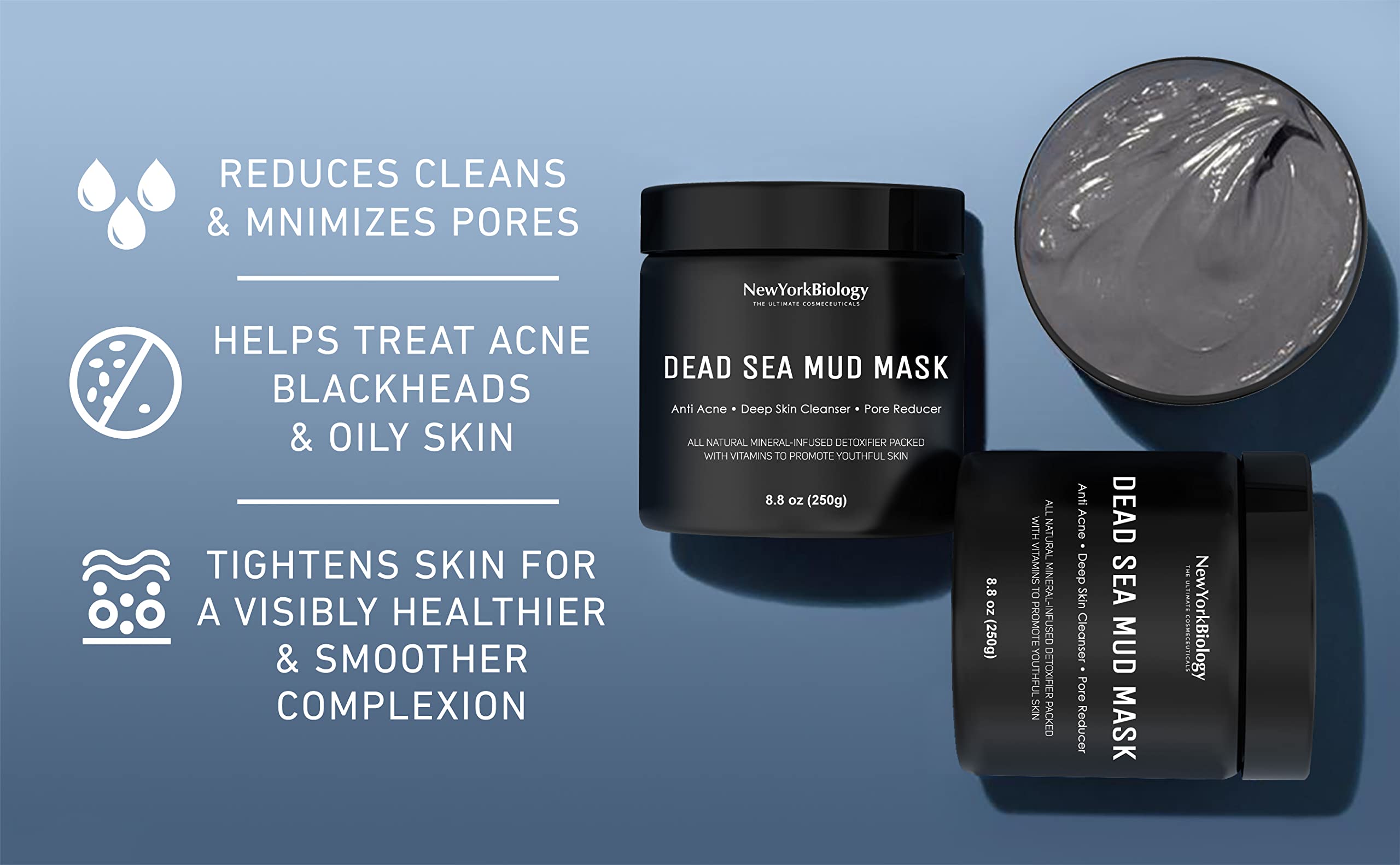 New York Biology Dead Sea Mud for Face and Body - Spa Quality Pore Reducer for Acne, Blackheads and Oily Skin, Natural Skincare for Women, Men - Tightens Skin for A Healthier Complexion - 250 g