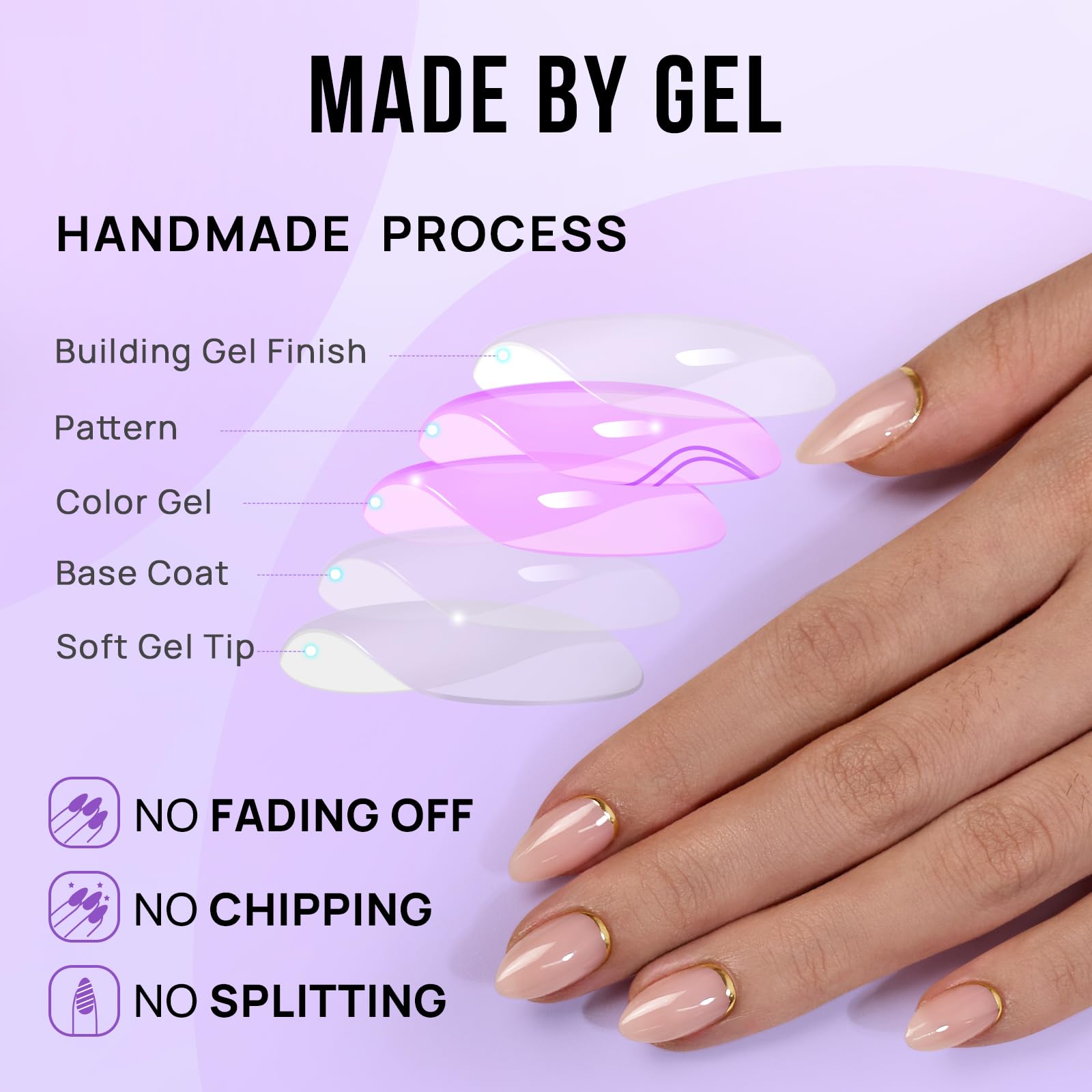 BTArtbox Press on Nails Almond - Short False Nails with Gold Foil Design, 30 Pcs Stick on Nails for Women, Supremely Fit & Glossy Fake Nail in 15 Sizes, Gold End