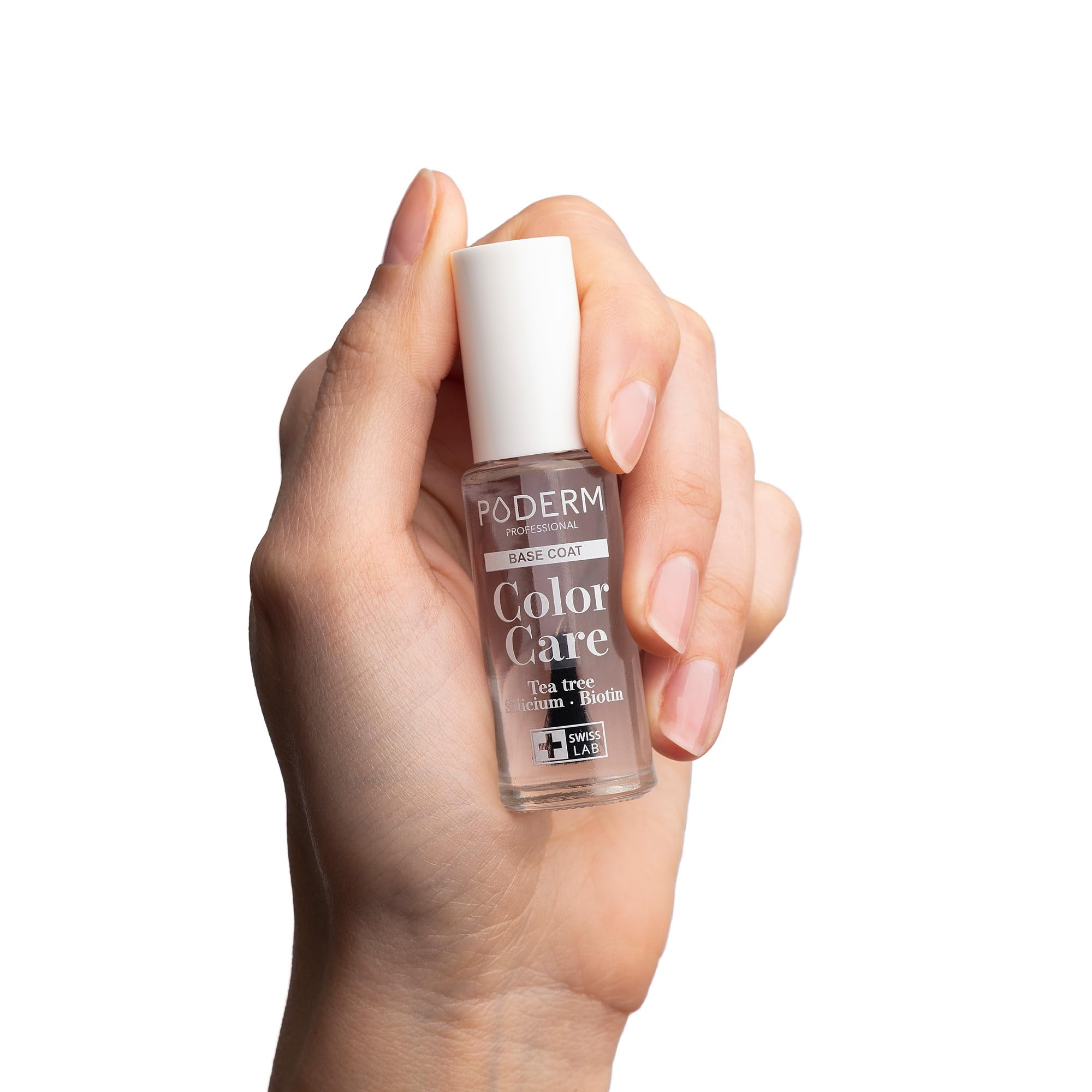 PODERM - Protective BASE COAT - Enriched with TEA TREE - Ensures long-lasting colour - Prevention & Treatment for Yellow/Damaged Nails - Natural & Vegan Ingredients - Swiss Lab