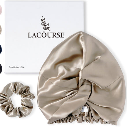 LaCourse 100% Genuine 22Momme Silk Bonnet for Sleeping, Double-Layered Mulberry Silk Hair Wrap with Premium Elastic Stay on Head. (One Size,Caramel)