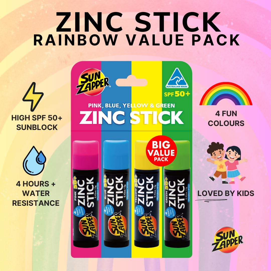 Sun Zapper Zinc Stick - Pink, Blue, Green, Yellow Face Sunblock Rainbow 4-Pack SPF50+ Coloured Zinc Sunscreen Sticks Made in Australia