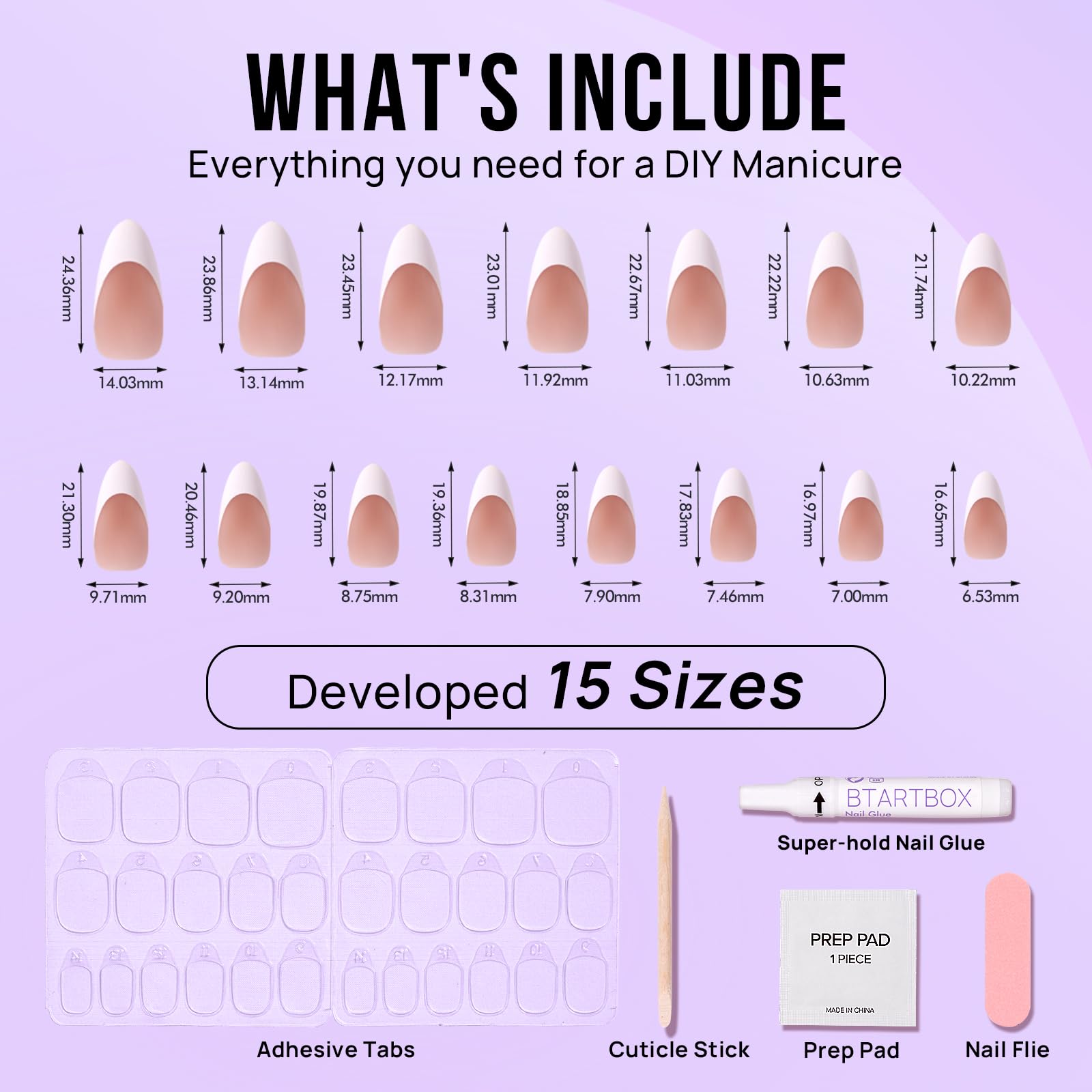 BTArtbox Press On Nails French Tip - Medium Almond French Tip False Nails, 30 Pcs Natural Fake Nail with Glue, Brown Stick on Nails for Women in 15 Sizes, Capable
