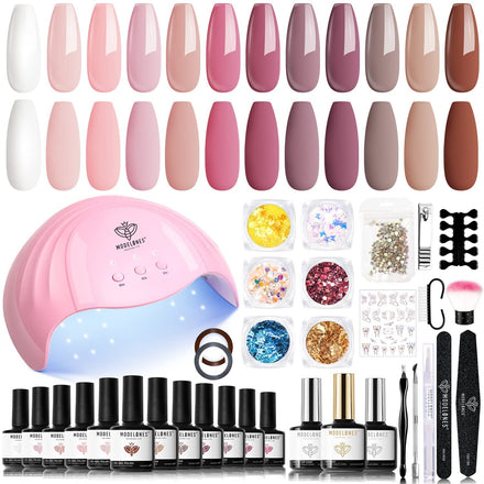 Modelones Gel Nail Kit with 48W Lamp - 12 Colors Pink Gel Nail Polish Set with Lamp Starter Kit, UV LED Nail Lamp, Glossy & Matte Top and Base Coat, Manicure Tools for Beginner DIY at Home
