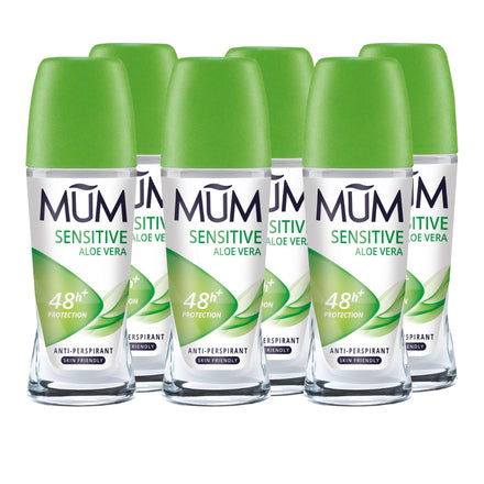Mum Sensitive Aloe Vera Roll On Deodorant, 48 Hours Plus Protection, Alcohol Free for Sensitive Skin Womens Mens Deodorant, Anti-Perspirant, Vegan, Sustainable Glass Bottle, 50 ml, Pack of 6