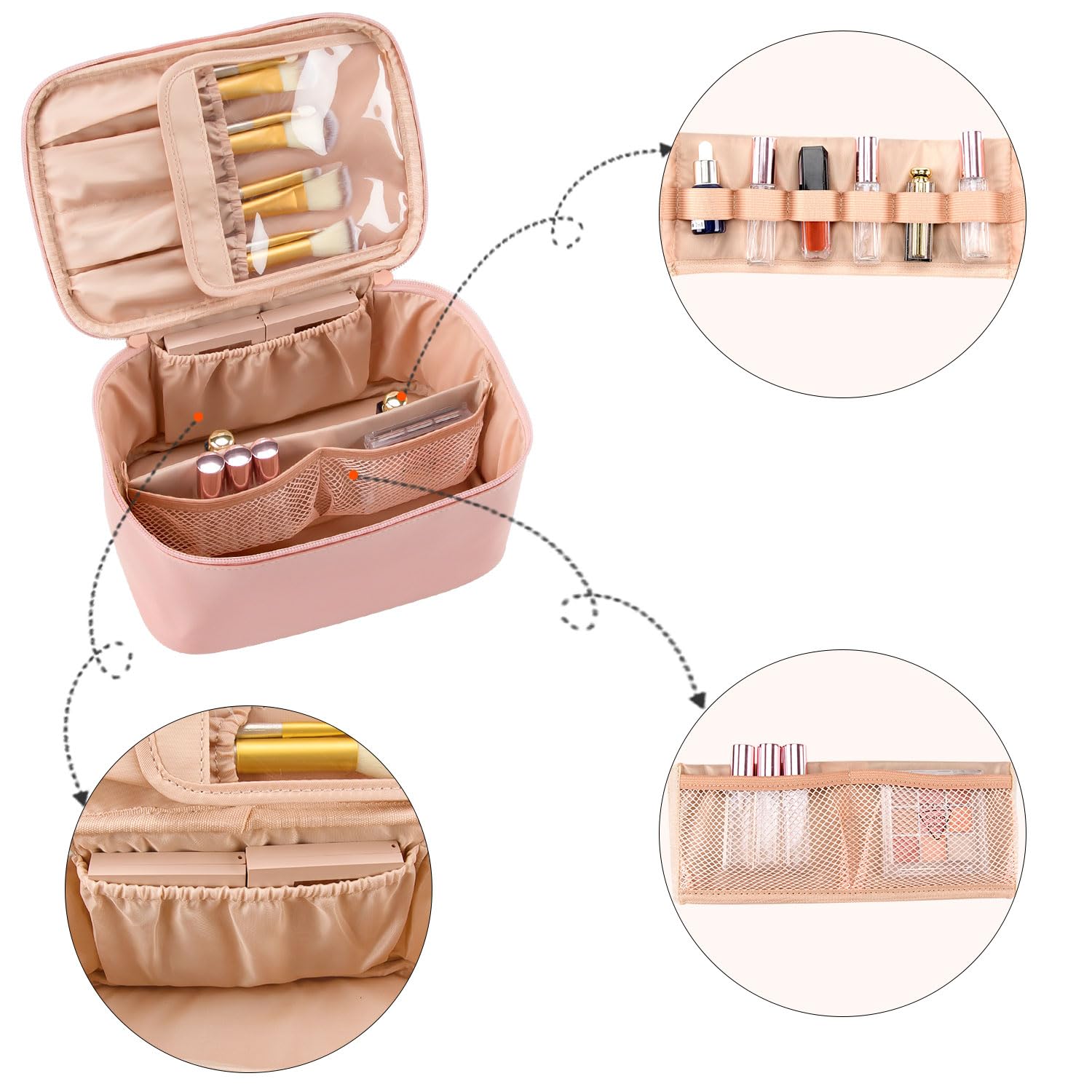 Travel Makeup Bag, Portable Cosmetic Bag with Makeup Brushes Organiser Large Capacity Toiletry Bags Holiday Essentials for Women, Pink
