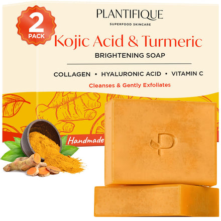 PLANTIFIQUE Kojic Acid Soap for Hyperpigmentation, Turmeric Soap 2 Bars, Hyaluronic Acid, Collagen, Vitamin C, Face Wash, 160g