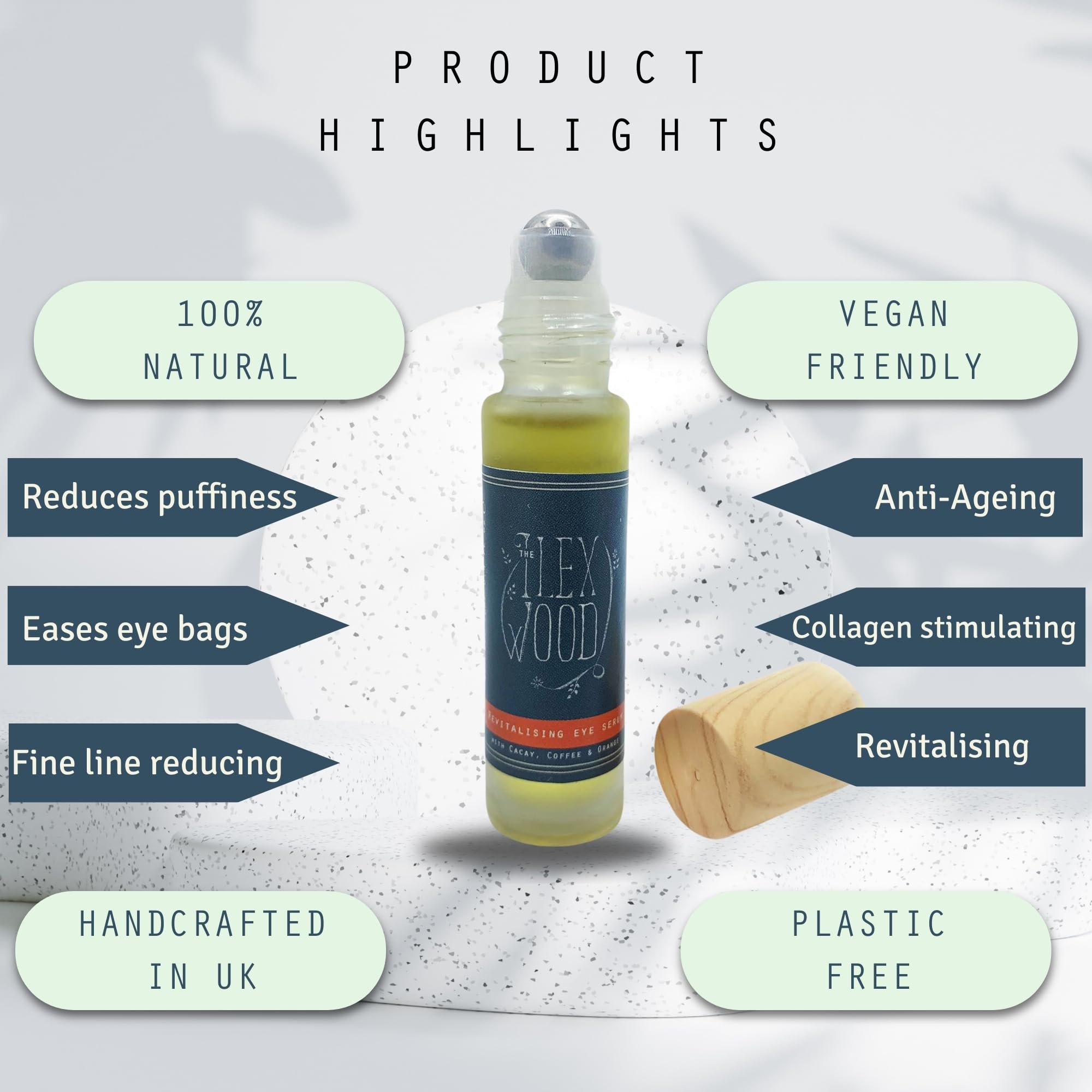 The Ilex Wood - Revitalising Eye Serum. An all-natural vegan anti-ageing serum with Cacay Oil, Green Coffee Arabica Oil, Frankincense, Eucalyptus, Thyme, Bergamot & Orange - 10ml (0.34 fl oz)