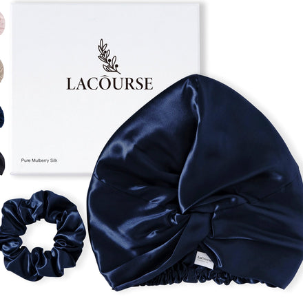 LaCourse 100% Genuine 22Momme Silk Bonnet for Sleeping, Double-Layered Mulberry Silk Hair Wrap with Premium Elastic Stay on Head. (One Size, Navy Blue)