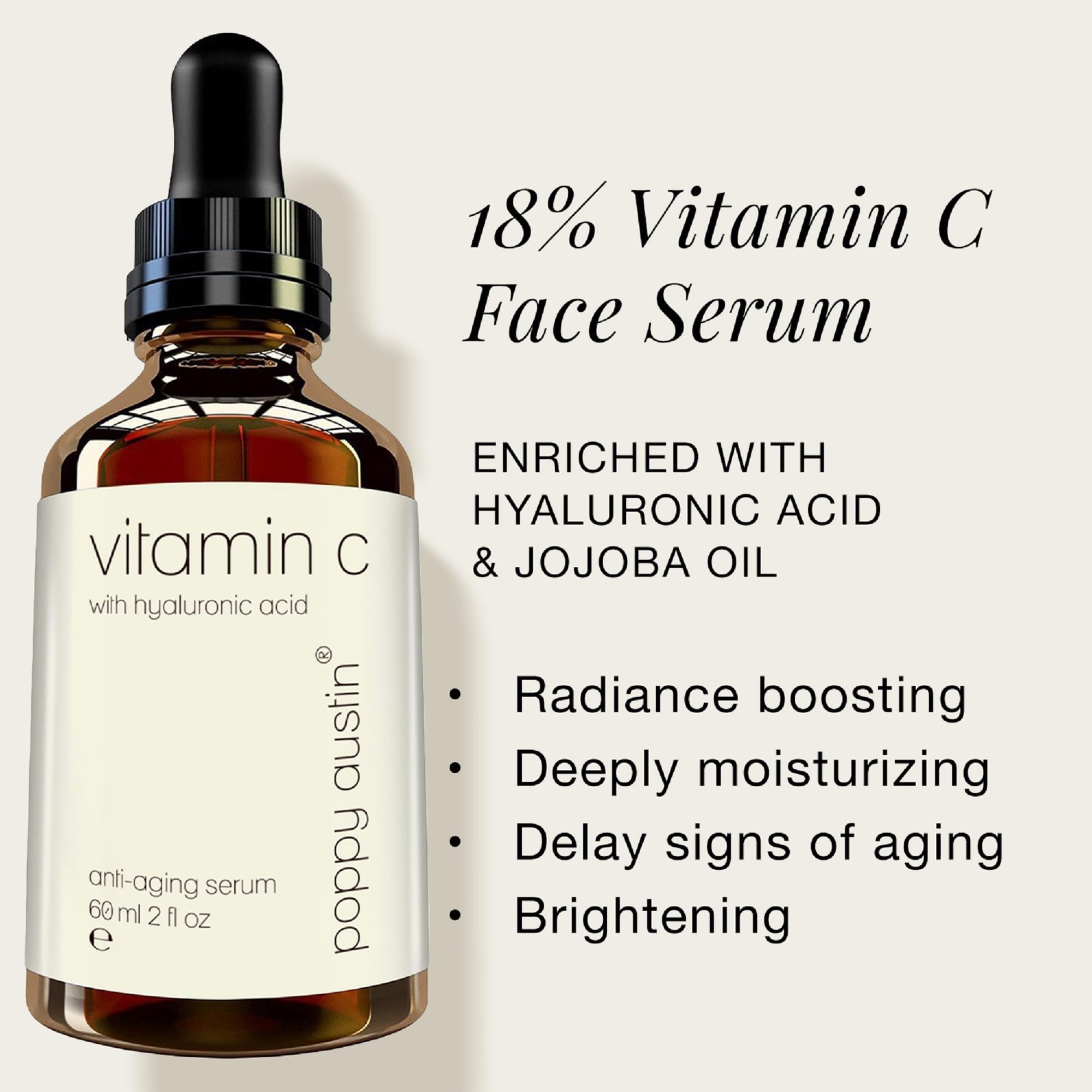 Poppy Austin 60mL Vitamin C Serum for Face with Hyaluronic Acid - Anti-Ageing Triple Purified Vitamin C Face Serum - Vit. C with Hyaluronic Acid Serum for Face - For Dark Spots, Fine Lines, Wrinkles