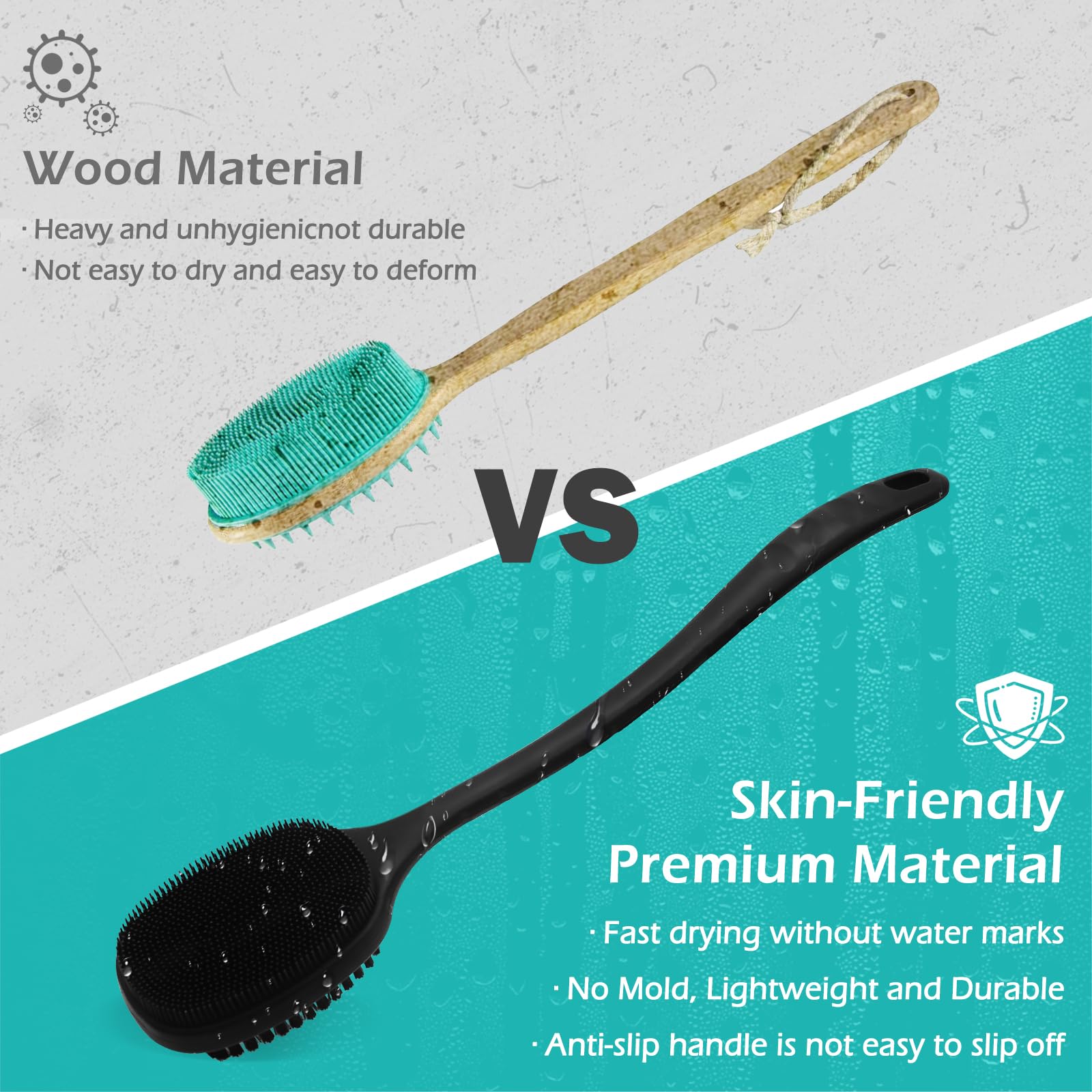 Row&Keep Back Scrubber for Shower, New Updated, Reversible Body Scrub Brush, Long Handle, Comes with Soft Silicone Bristles and Stiff Nylon Bristles for Shower Scrubbing and Massage