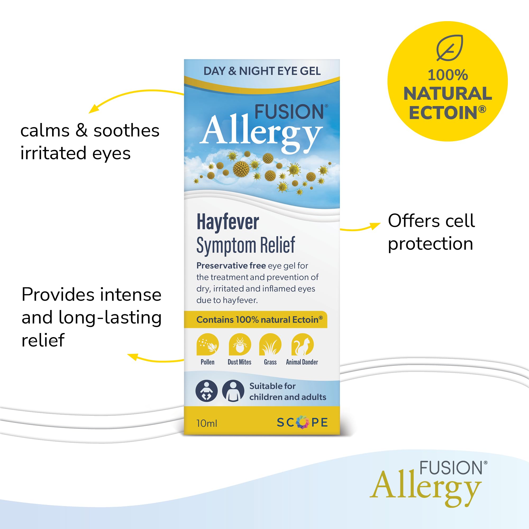 Fusion Allergy Day & Night Eye Gel with 100% Natural Ectoin - Drug Free Around The Clock Treatment and Prevention of Hay Fever Symptoms, Dry, Irritated and Inflamed Eyes (10ml - 220-250 doses)