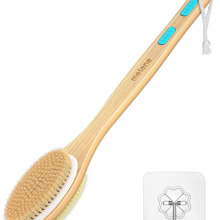 Metene Back Scrubber for Shower, Shower Brush for Exfoliating Skin and A Soft Scrub, Double-sided Body Brush Head for Wet or Dry Brushing, Long Wooden Handle Cleans the Body Easily