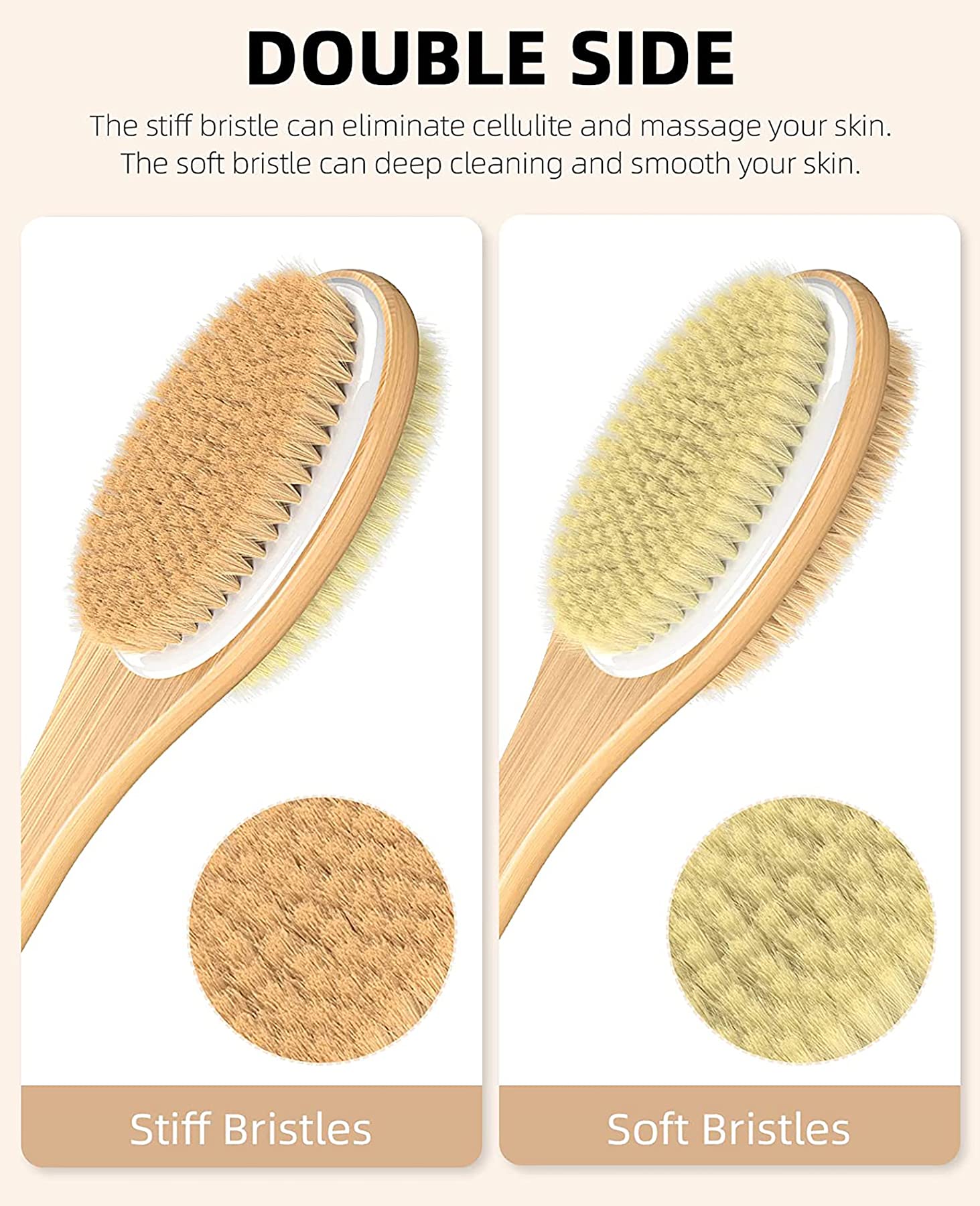 Metene Back Scrubber for Shower, Shower Brush for Exfoliating Skin and A Soft Scrub, Double-sided Body Brush Head for Wet or Dry Brushing, Long Wooden Handle Cleans the Body Easily