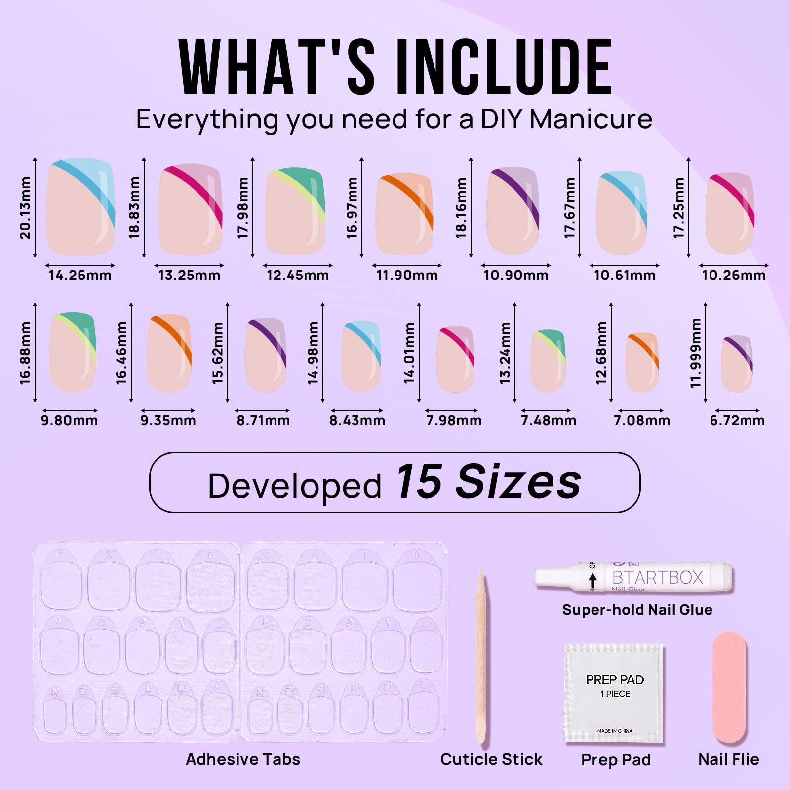 BTArtbox Press On Nails Short, 30 Pcs French Tip False Nails With Nail Glue and Adhesive Nail Tabs, No Fade Out Stick On Nails in 15 Sizes, Soft Gel Glue On Fake Nail for Women, Pastel Curves