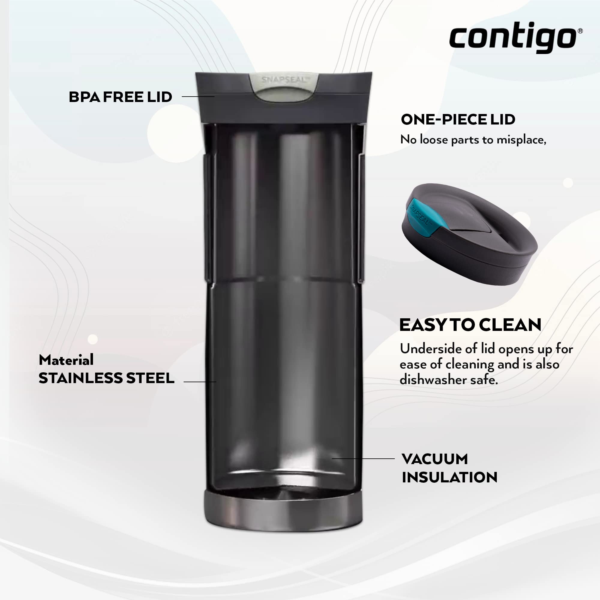 Contigo Byron Snapseal Travel Mug, Stainless Steel Thermal mug, vacuum flask, leakproof tumbler, coffee mug with BPA free Easy-Clean Lid, 470 ml, Biscay Bay