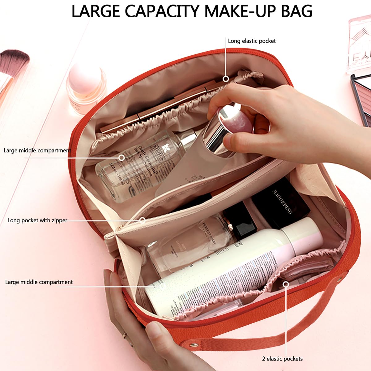 MAMUNU Large Capacity Cosmetic Bag Travel Cosmetic Storage Bag with Handle Portable Zipper Cosmetic Bag Toiletry Bag Makeup Bag Large with Compartments for Women Girls (Orange)
