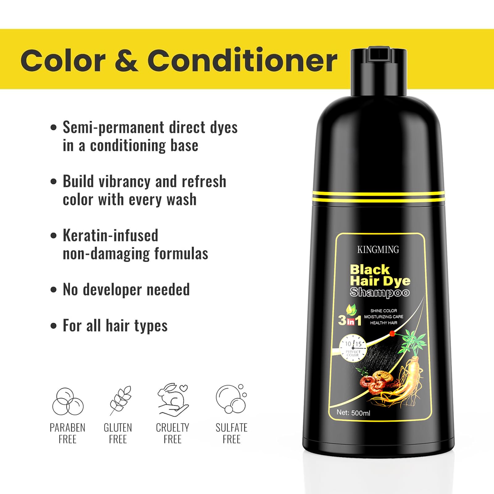 Black Hair Dye Shampoo 3 in 1 for Gray Hair, Hair Colour Shampoo for Women Men Grey Coverage (500 ml)