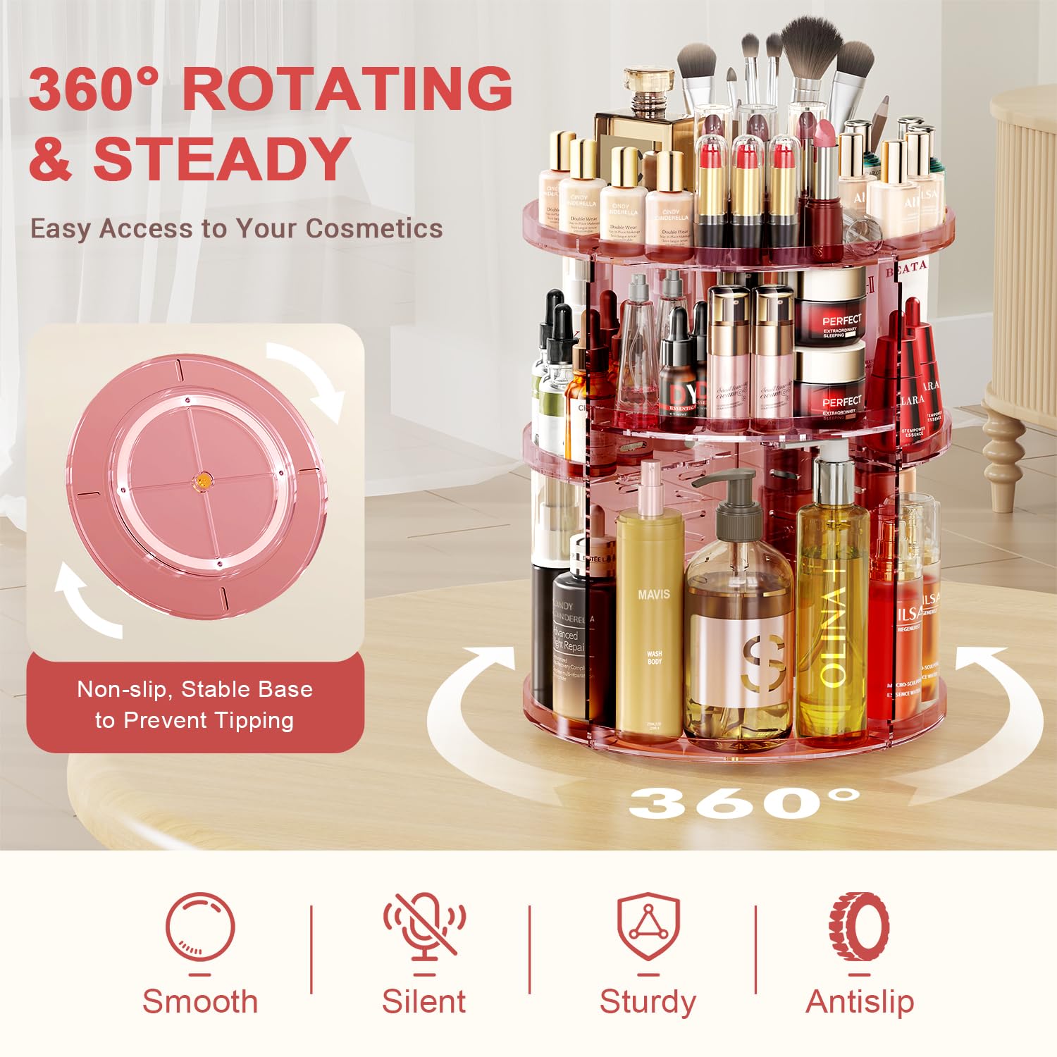 Auxmir Makeup Organiser, 9 Layers Adjustable Large Capacity Cosmetic Organsier for Jewellery, Lipsticks, 360 Degree Rotating Skincare Organiser, Make Up Storage Display for Bathroom, Bedroom, Pink