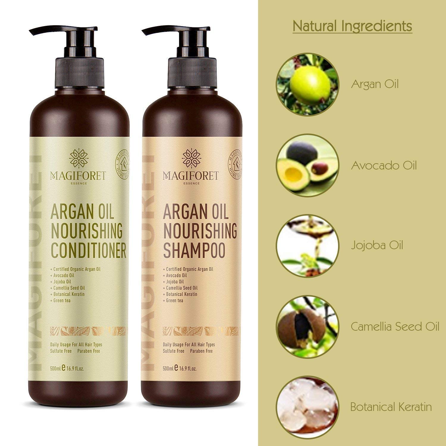 MagiForet Argan Oil Shampoo and Conditioner Set (2 x 16.9 Oz) Sulfate Free, Natural Oil Infused - Soft & Smooth, Gentle on Curly & Color Treated Hair