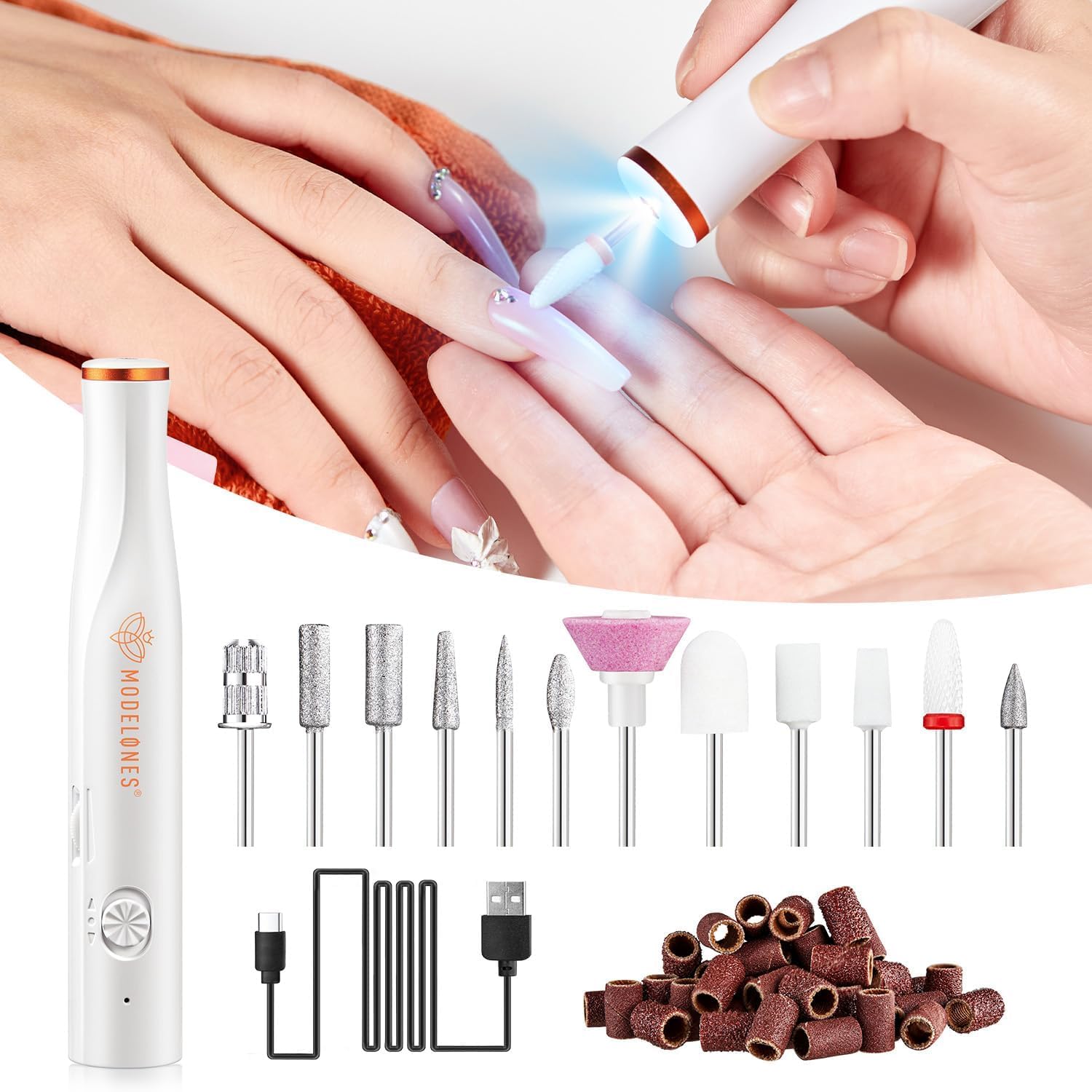 Modelones Cordless Nail Drill, 25000RPM Electric Nail File with LED Light for Acrylic Gel Nails, Professional Manicure Pedicure Kit