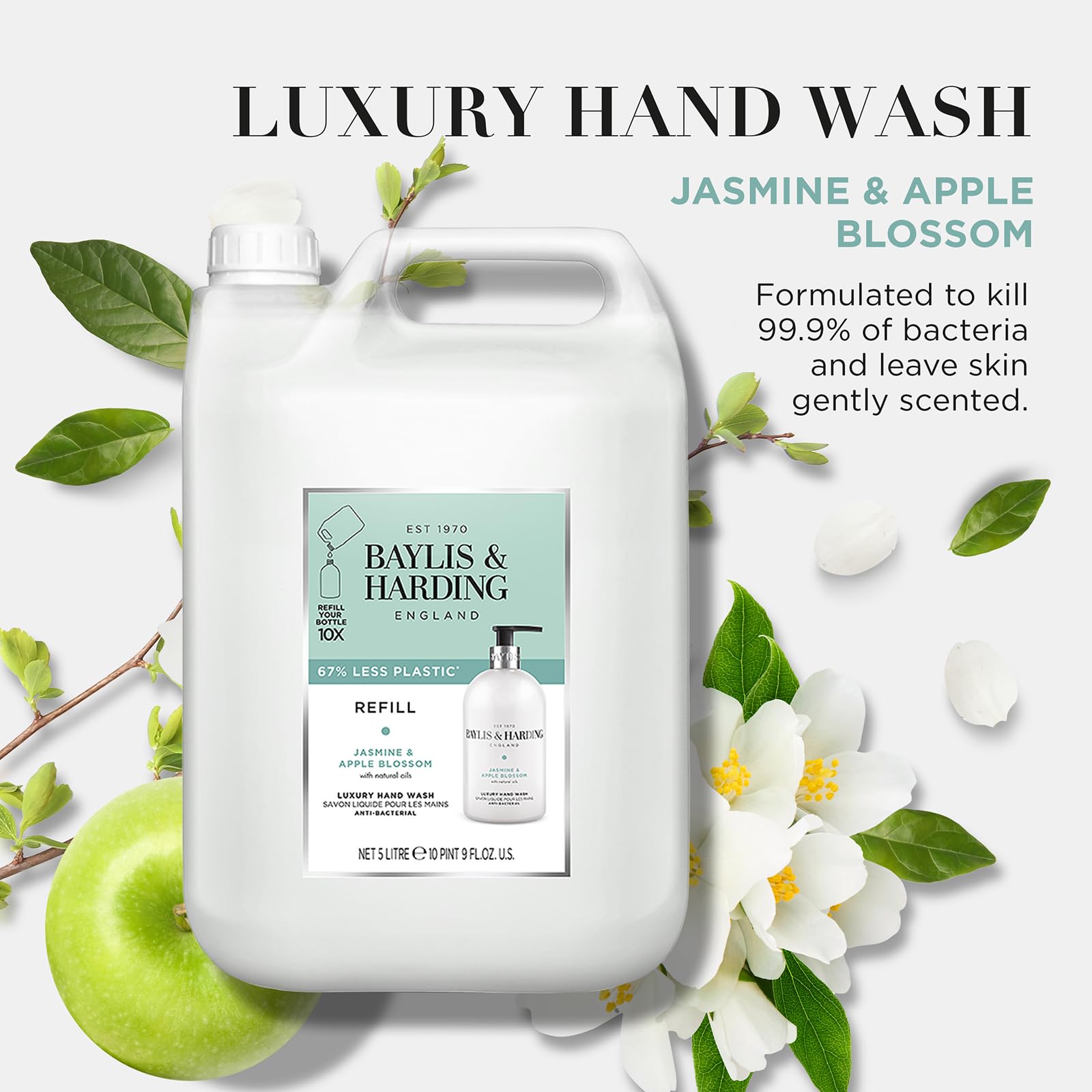 Baylis & Harding Jasmine & Apple Blossom Anti-Bacterial Hand Wash 5 Litre Refill (Pack of 2 - Total 10 Litres) - Vegan Friendly