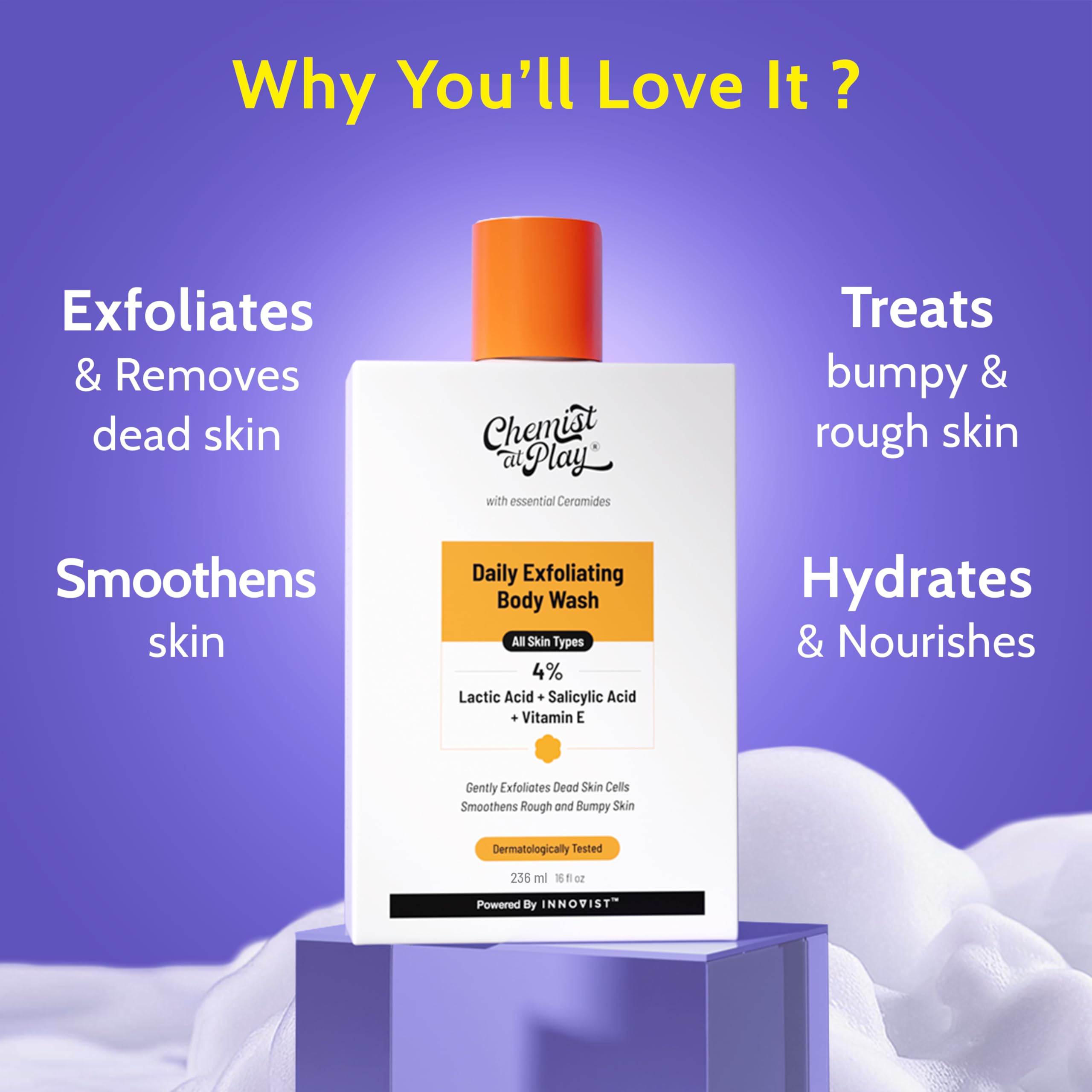 Chemist at Play Body Wash Exfoliating for Dry Rough Bumpy Strawberry Skin with 1% Salicylic Acid 2% Lactic Acid and Ceramides for Men and Women | 236 ml