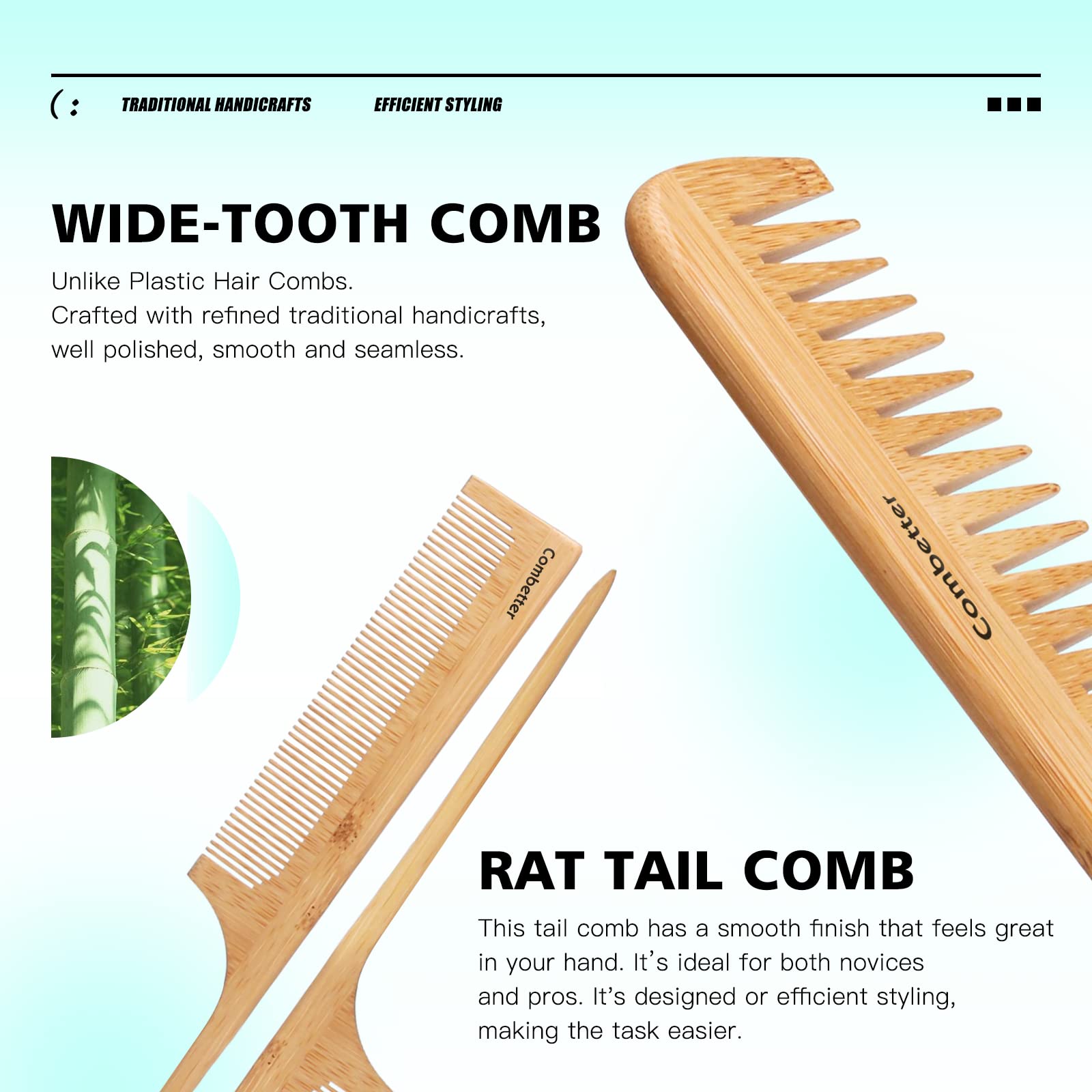 Combetter Bamboo Hairbrush and Comb Set - Natural Eco-Friendly Paddle Detangler with Scalp Massage for Women, Men, and Kids - Reduces Frizz and Promotes Healthy Hair Growth(4PCS)