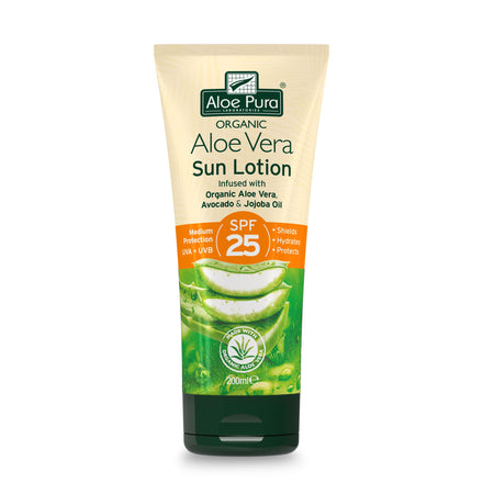 Aloe Pura, Organic Aloe Vera Sun Lotion SPF 25, Natural, Vegetarian, Cruelty Free, Paraben & SLS Free, Long-Lasting Shield, Medium Protection, 200ml
