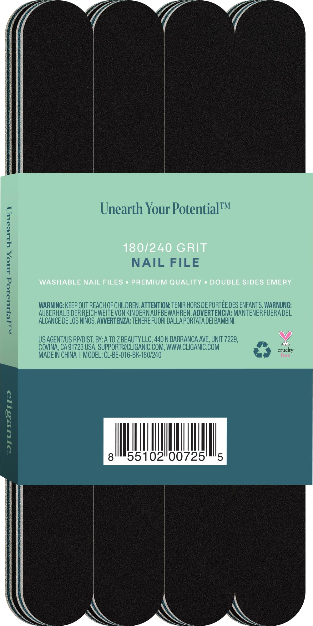 Cliganic 12 Pack Nail File Set: 180/240 Grit | Professional Emery Boards for Natural, Gel & Acrylic Nails | Washable Double Sided Kit | Cliganic 90 Days Warranty