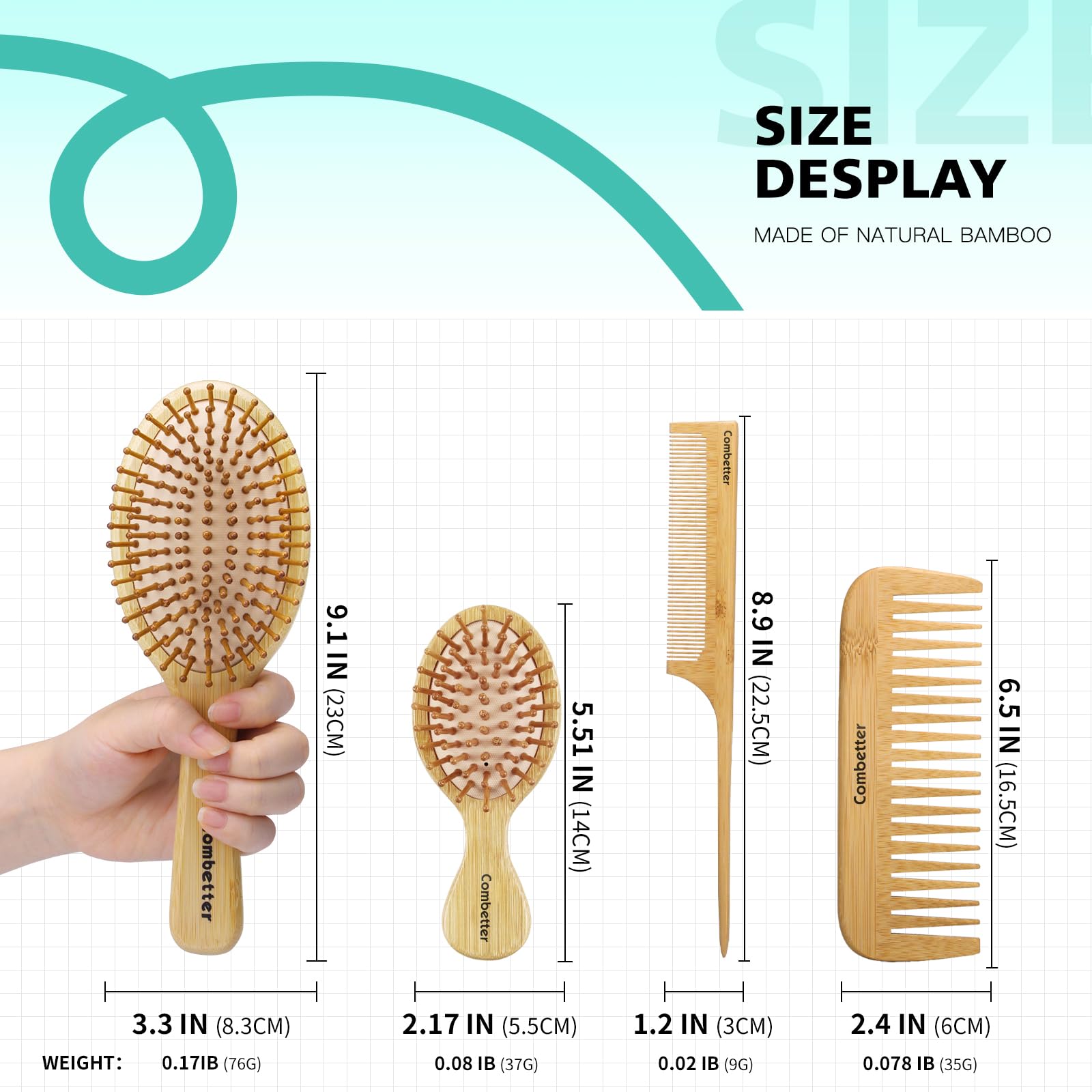 Combetter Bamboo Hairbrush and Comb Set - Natural Eco-Friendly Paddle Detangler with Scalp Massage for Women, Men, and Kids - Reduces Frizz and Promotes Healthy Hair Growth(4PCS)