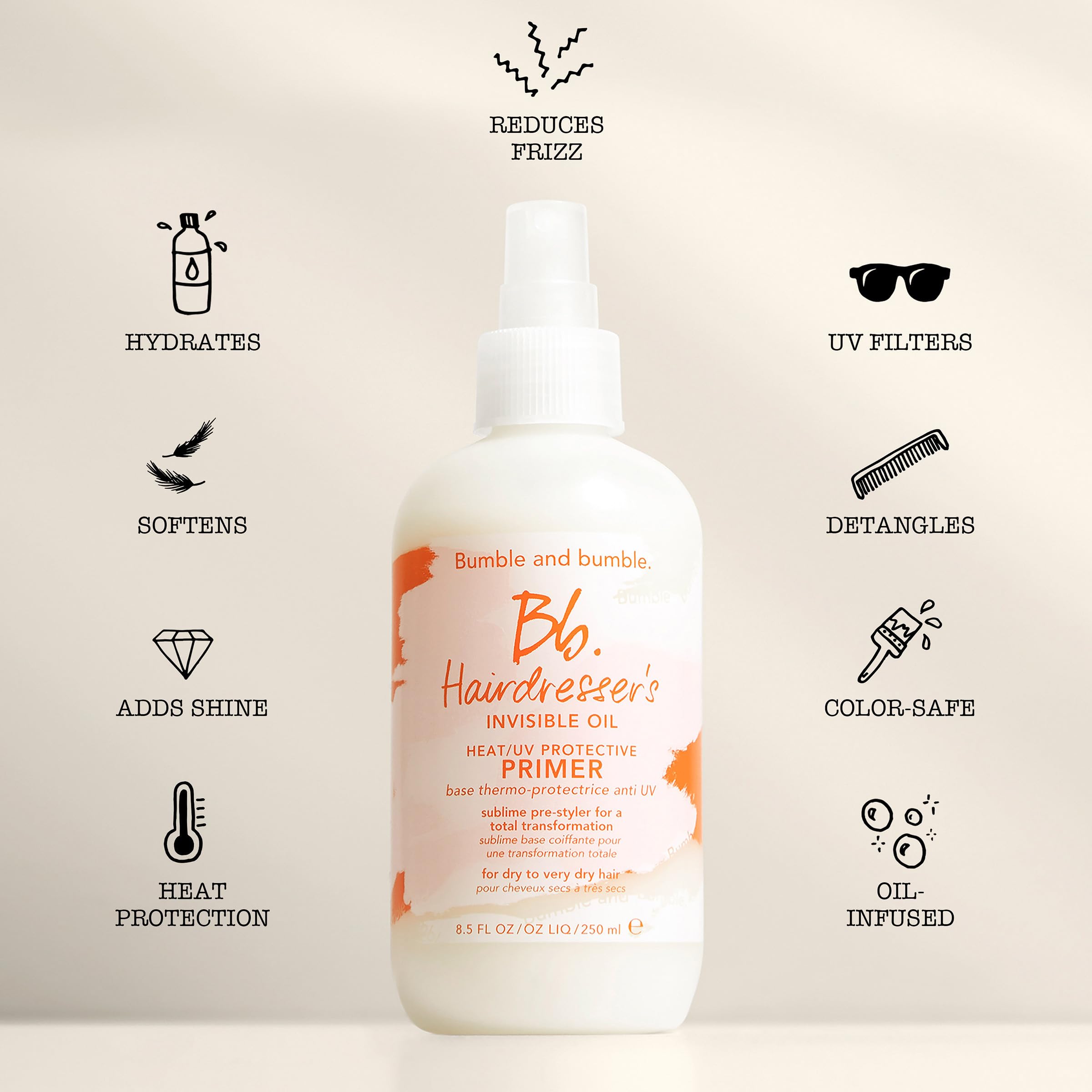 Bumble and bumble. Hairdresser's Invisible Oil Heat/UV Protection Leave-In Conditioner Hair Primer | Hydrating, Anti Frizz, Color Safe | Straight, Coily | With Argan Oil + Coconut Oil, 8.5 Fl Oz