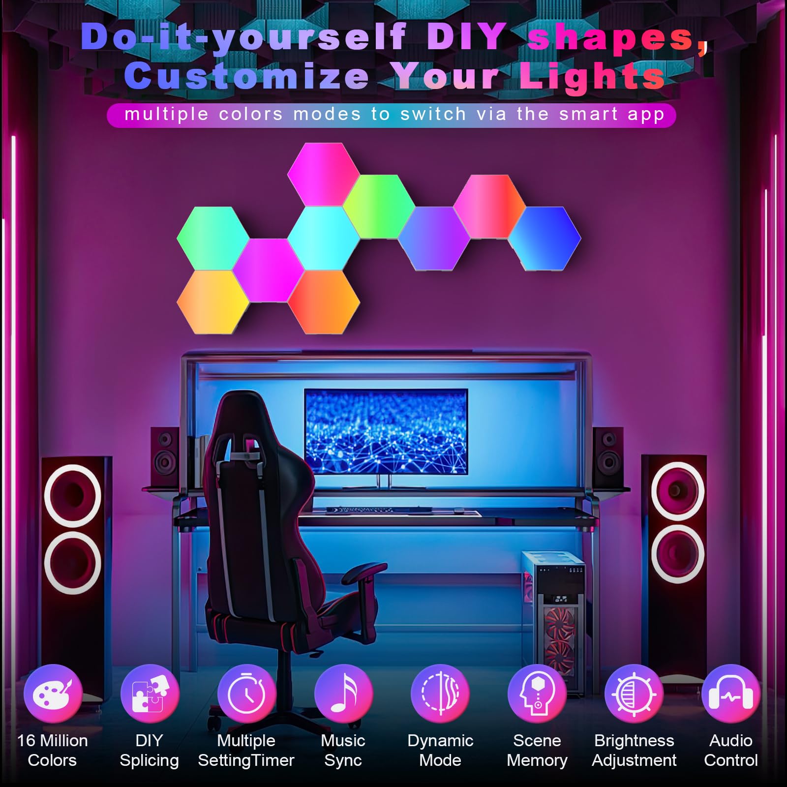 Hexagon LED Lights, 10 Pack RGB Led Hex Light Panels, Hexagon Smart Wall Light Gaming Panels Sync to Music for Room Bar Bedroom Home Decor Gaming Room, Hexagon Light Panels With App & Remote Control