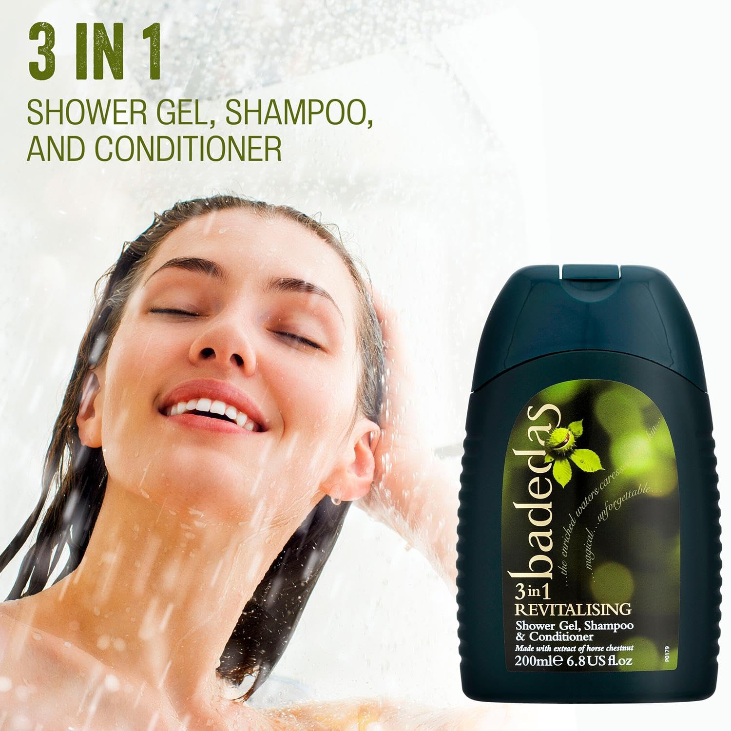 Badedas 3-in-1 Revitalizing Shower Gel Shampoo and Conditioner having a rich formulation with extract of horse chestnut and the distinctive Badedas Fragrance, 200 ml Pack of 12