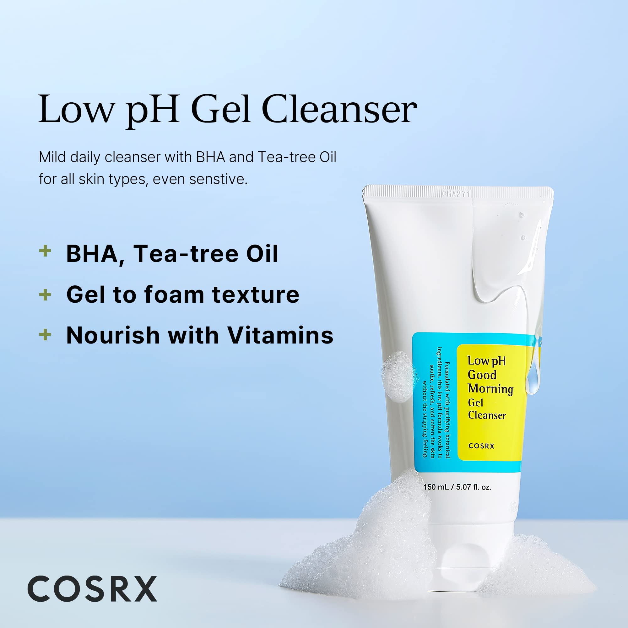 COSRX Low pH Good Morning Gel Cleanser, 5.07 fl.oz / 150ml | Mild Face Cleanser | Korean Skin Care for Acne Prone Skin, PH Balancing, Anti Acne, Breakouts Treatment